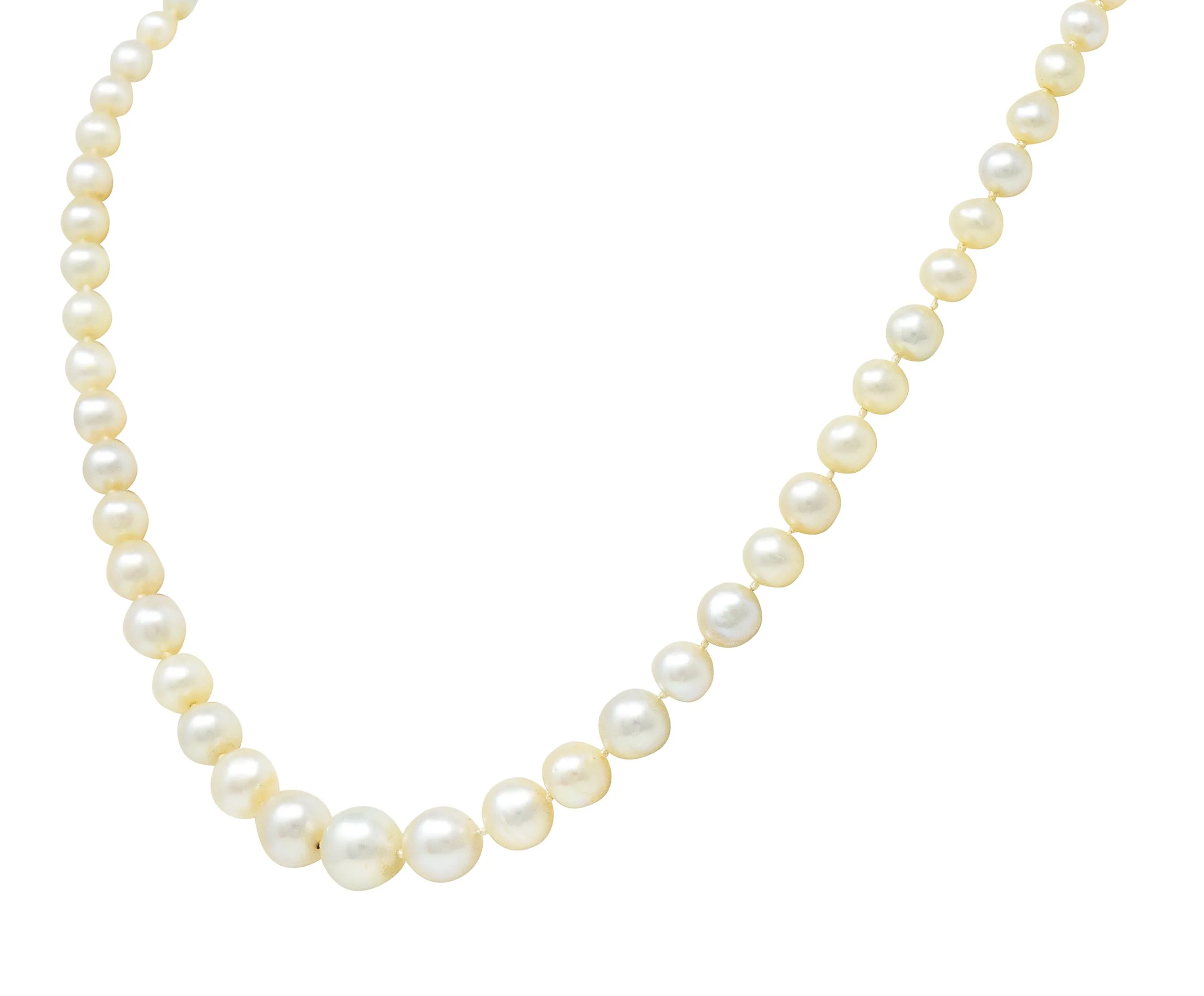 Edwardian Diamond Natural Saltwater Pearl Platinum-Topped 18 Karat Gold Strand Necklace GIA