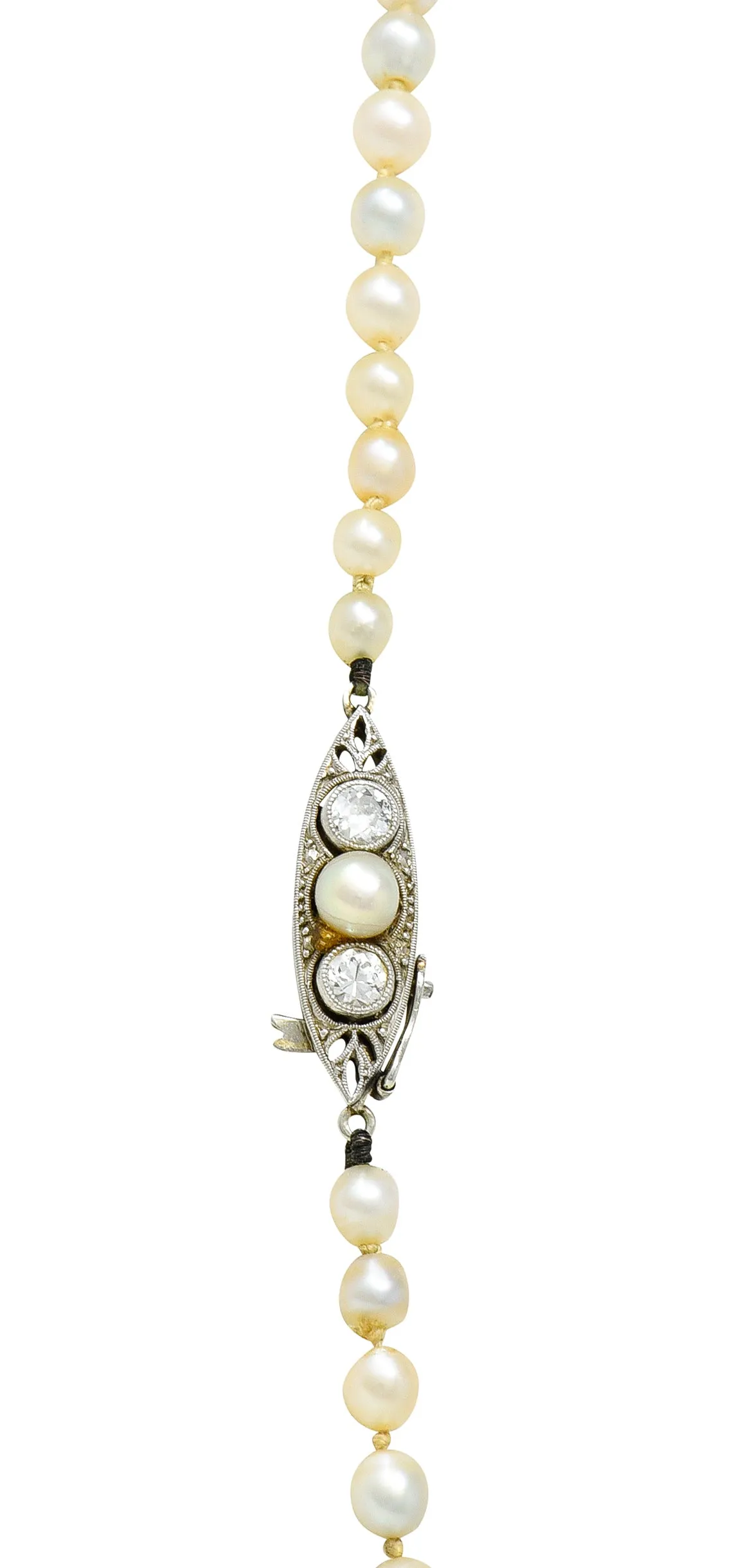 Edwardian Diamond Natural Saltwater Pearl Platinum-Topped 18 Karat Gold Strand Necklace GIA