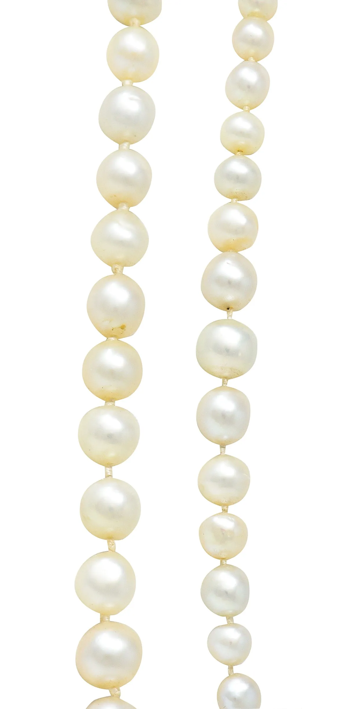 Edwardian Diamond Natural Saltwater Pearl Platinum-Topped 18 Karat Gold Strand Necklace GIA