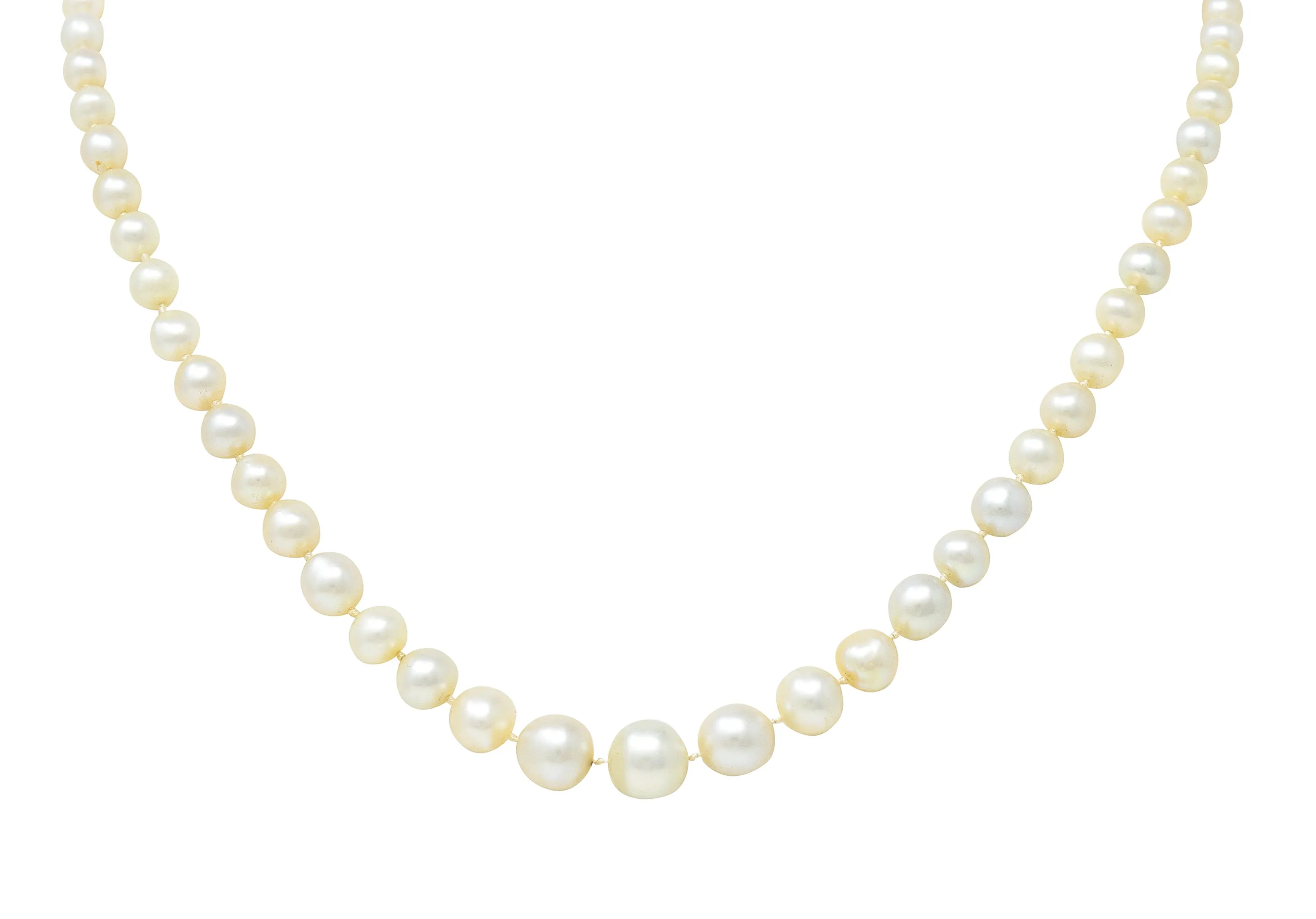 Edwardian Diamond Natural Saltwater Pearl Platinum-Topped 18 Karat Gold Strand Necklace GIA