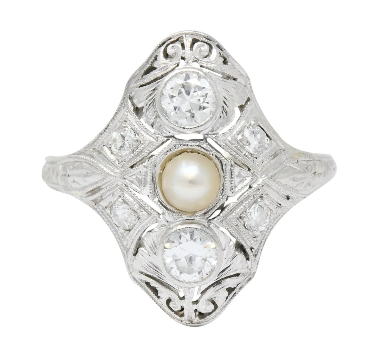 Edwardian Diamond Pearl Platinum 18 Karat White Gold Dinner Ring