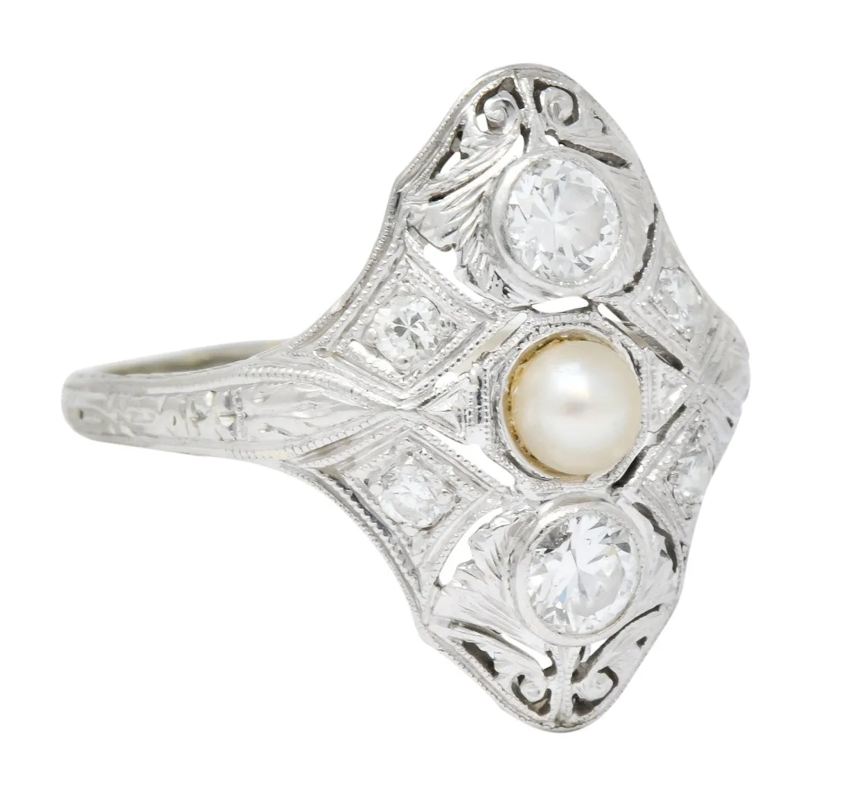 Edwardian Diamond Pearl Platinum 18 Karat White Gold Dinner Ring