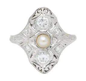 Edwardian Diamond Pearl Platinum 18 Karat White Gold Dinner Ring