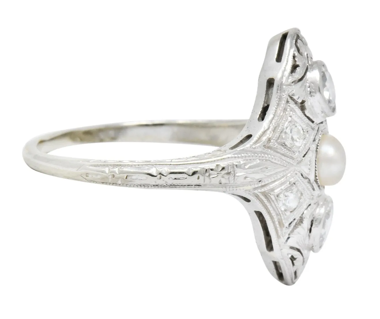 Edwardian Diamond Pearl Platinum 18 Karat White Gold Dinner Ring