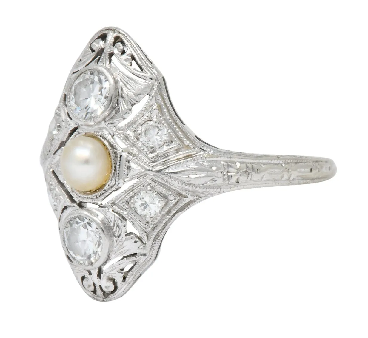 Edwardian Diamond Pearl Platinum 18 Karat White Gold Dinner Ring