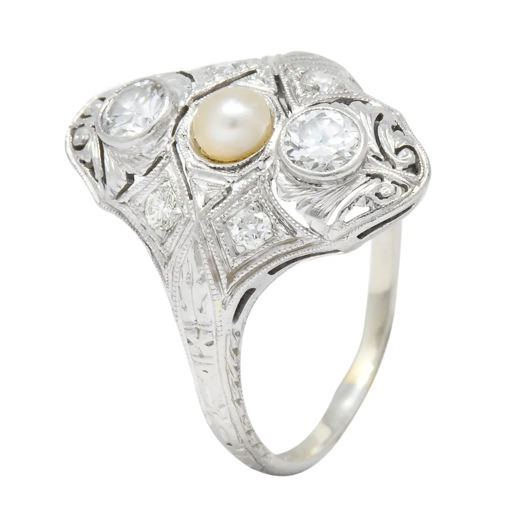 Edwardian Diamond Pearl Platinum 18 Karat White Gold Dinner Ring