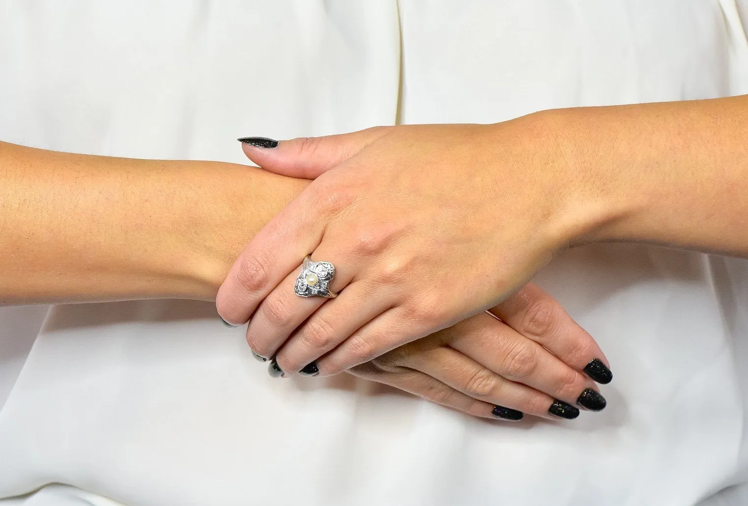 Edwardian Diamond Pearl Platinum 18 Karat White Gold Dinner Ring