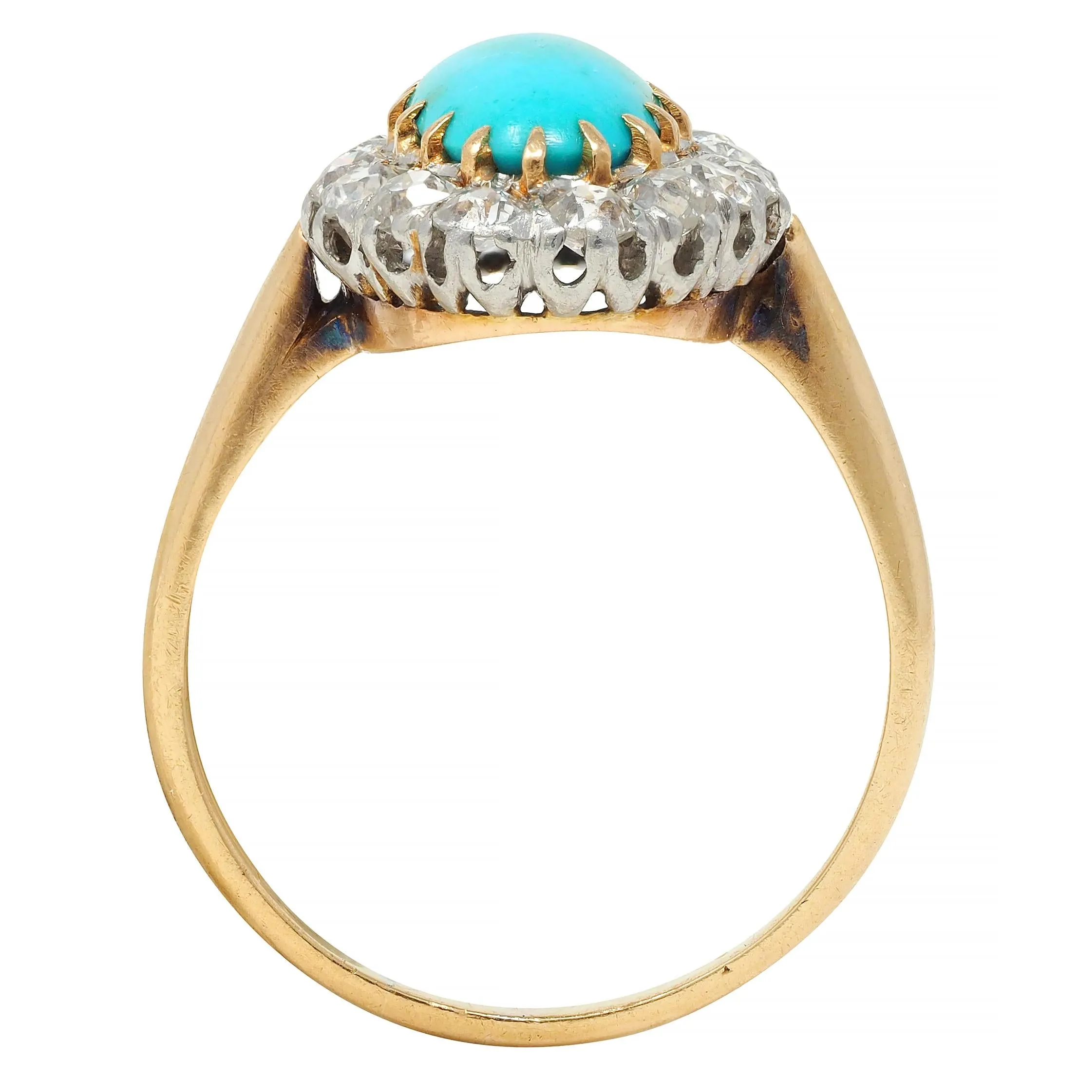 Edwardian Diamond Turquoise Platinum 14 Karat Yellow Gold Antique Halo Ring