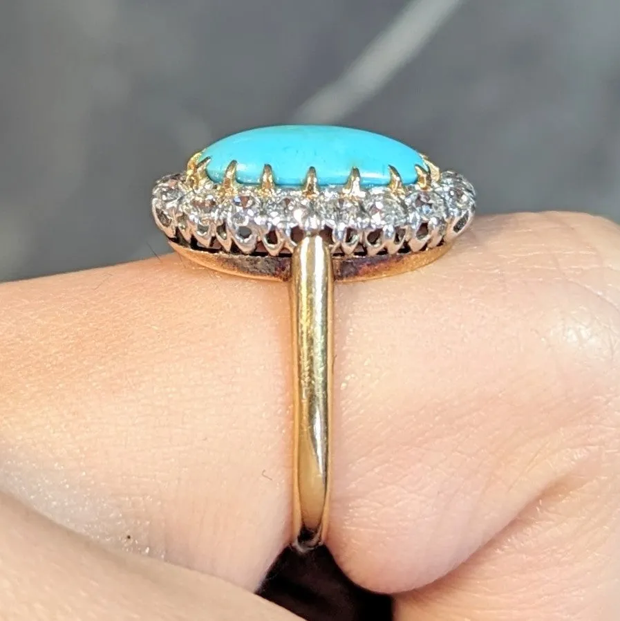 Edwardian Diamond Turquoise Platinum 14 Karat Yellow Gold Antique Halo Ring