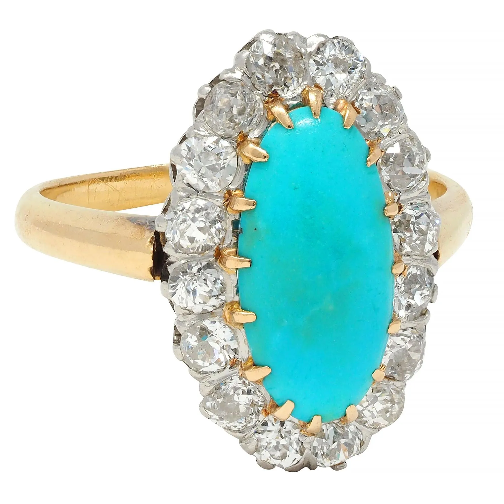 Edwardian Diamond Turquoise Platinum 14 Karat Yellow Gold Antique Halo Ring