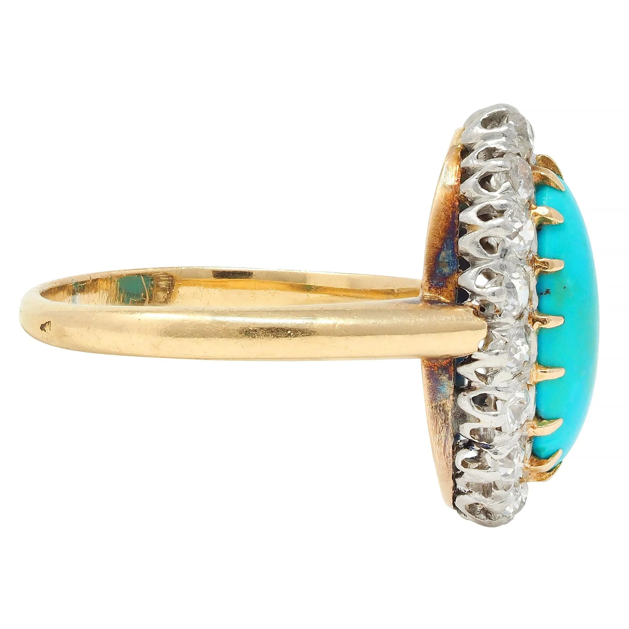 Edwardian Diamond Turquoise Platinum 14 Karat Yellow Gold Antique Halo Ring