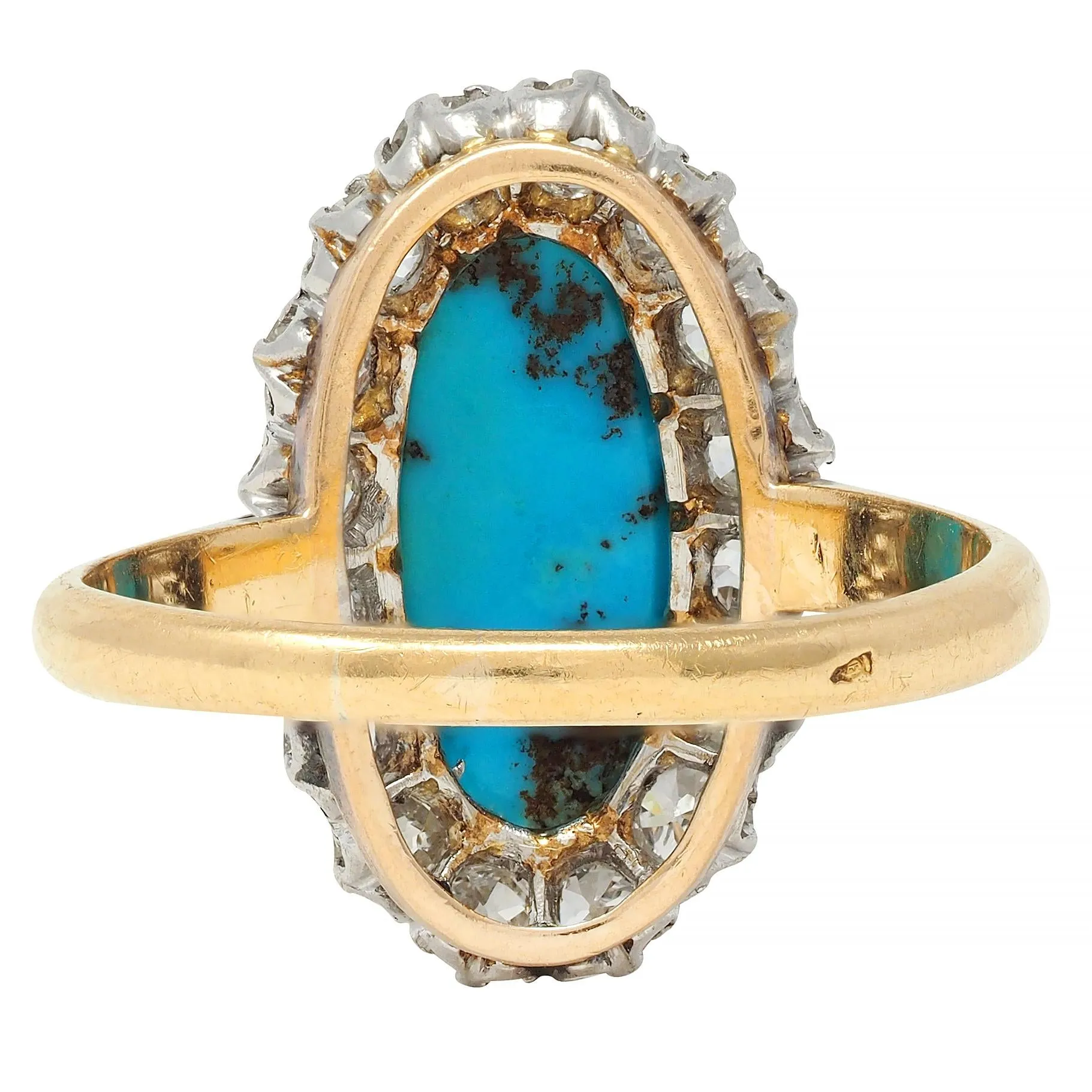 Edwardian Diamond Turquoise Platinum 14 Karat Yellow Gold Antique Halo Ring