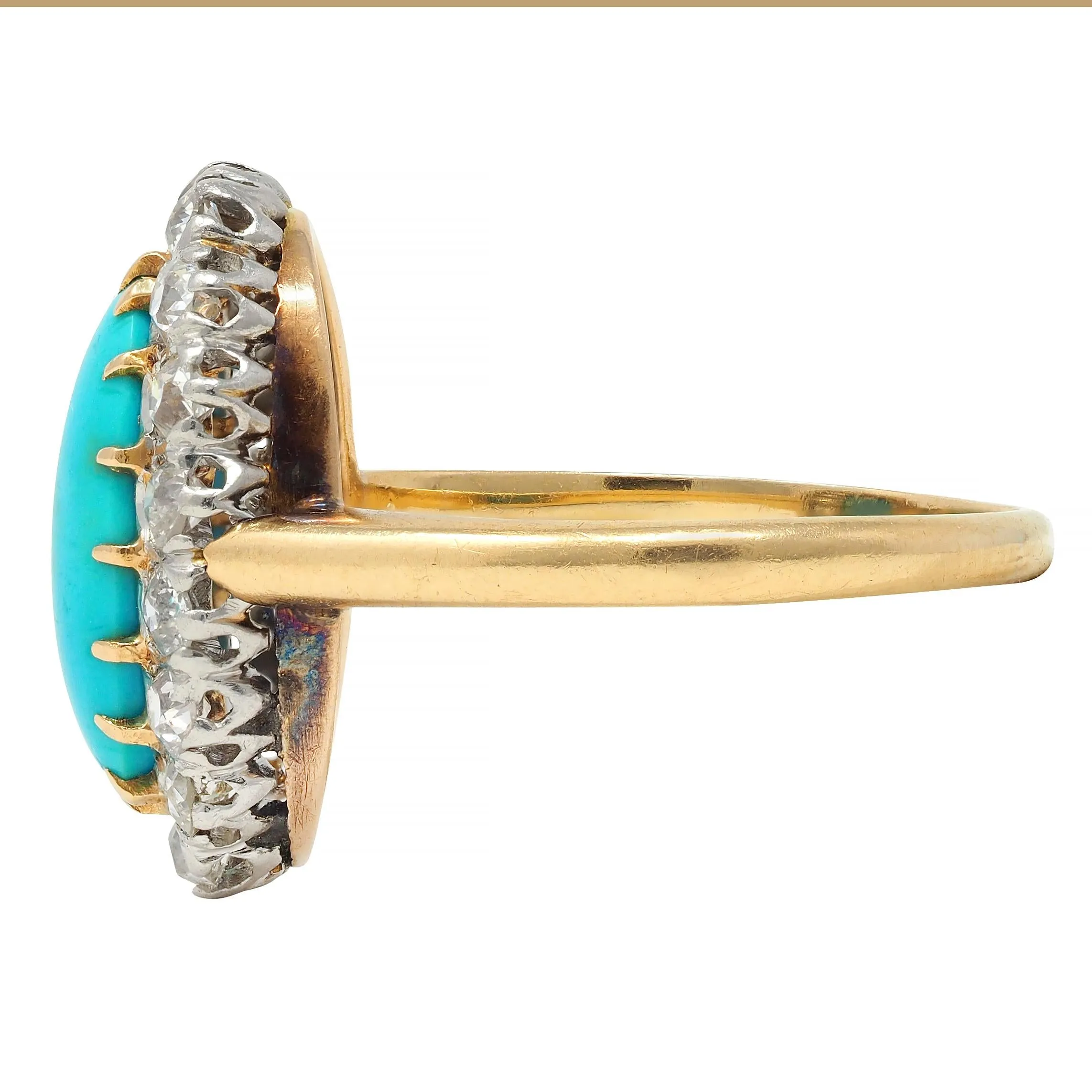 Edwardian Diamond Turquoise Platinum 14 Karat Yellow Gold Antique Halo Ring