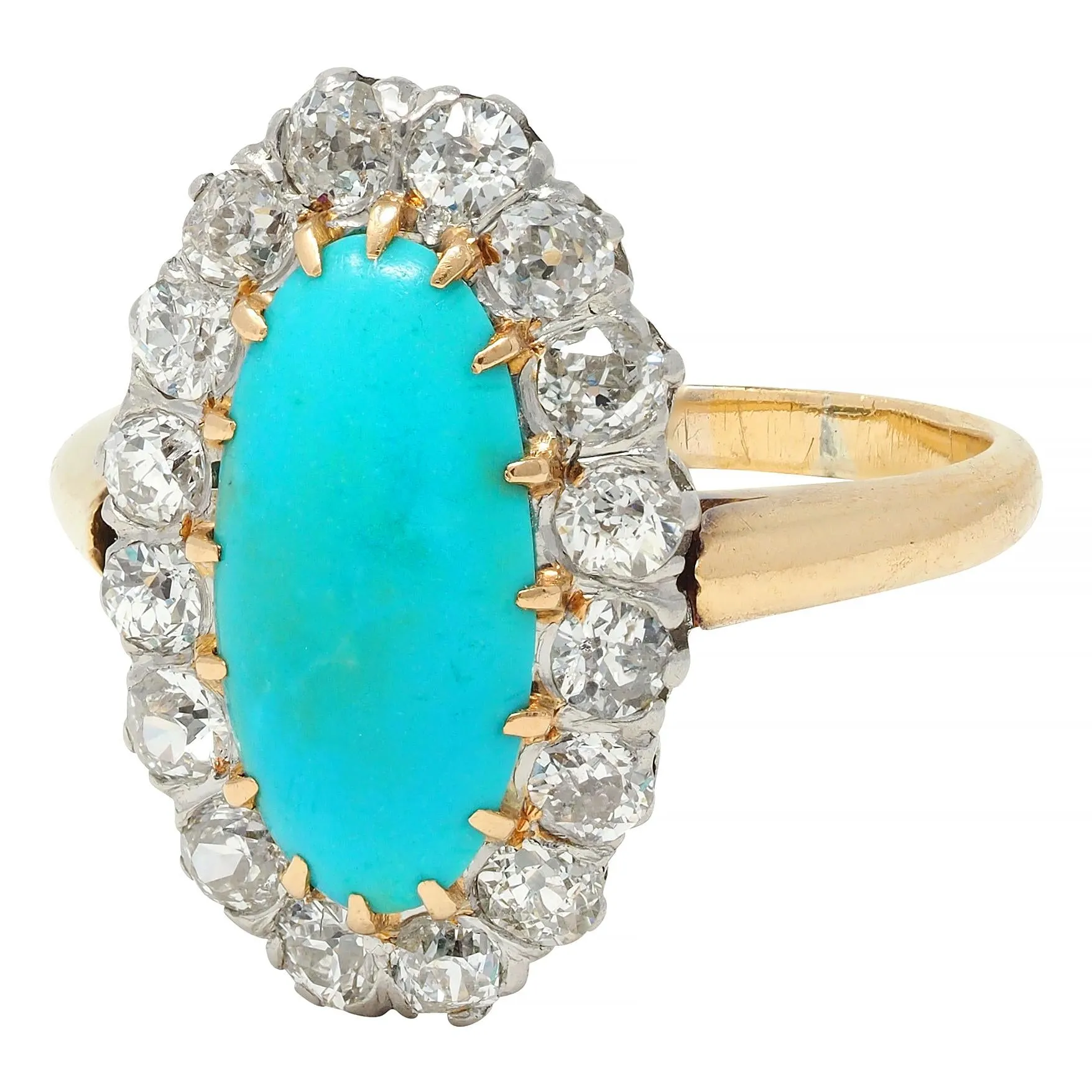 Edwardian Diamond Turquoise Platinum 14 Karat Yellow Gold Antique Halo Ring