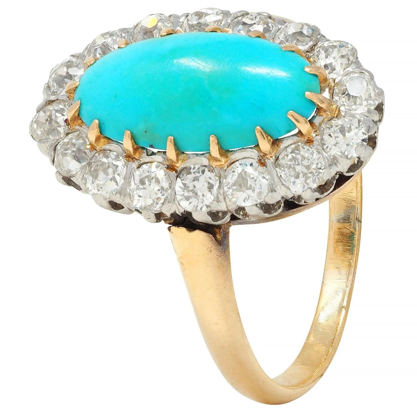 Edwardian Diamond Turquoise Platinum 14 Karat Yellow Gold Antique Halo Ring