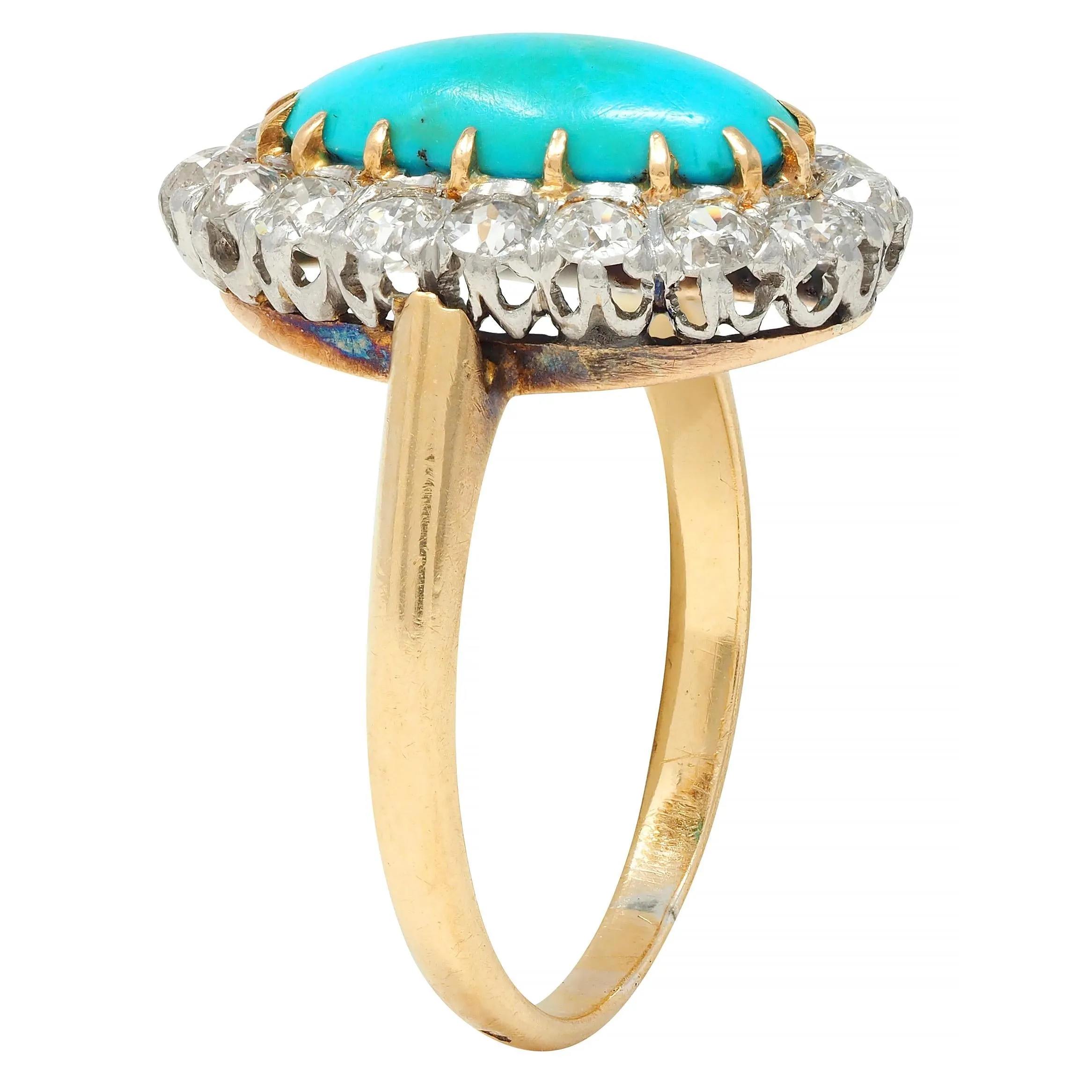 Edwardian Diamond Turquoise Platinum 14 Karat Yellow Gold Antique Halo Ring