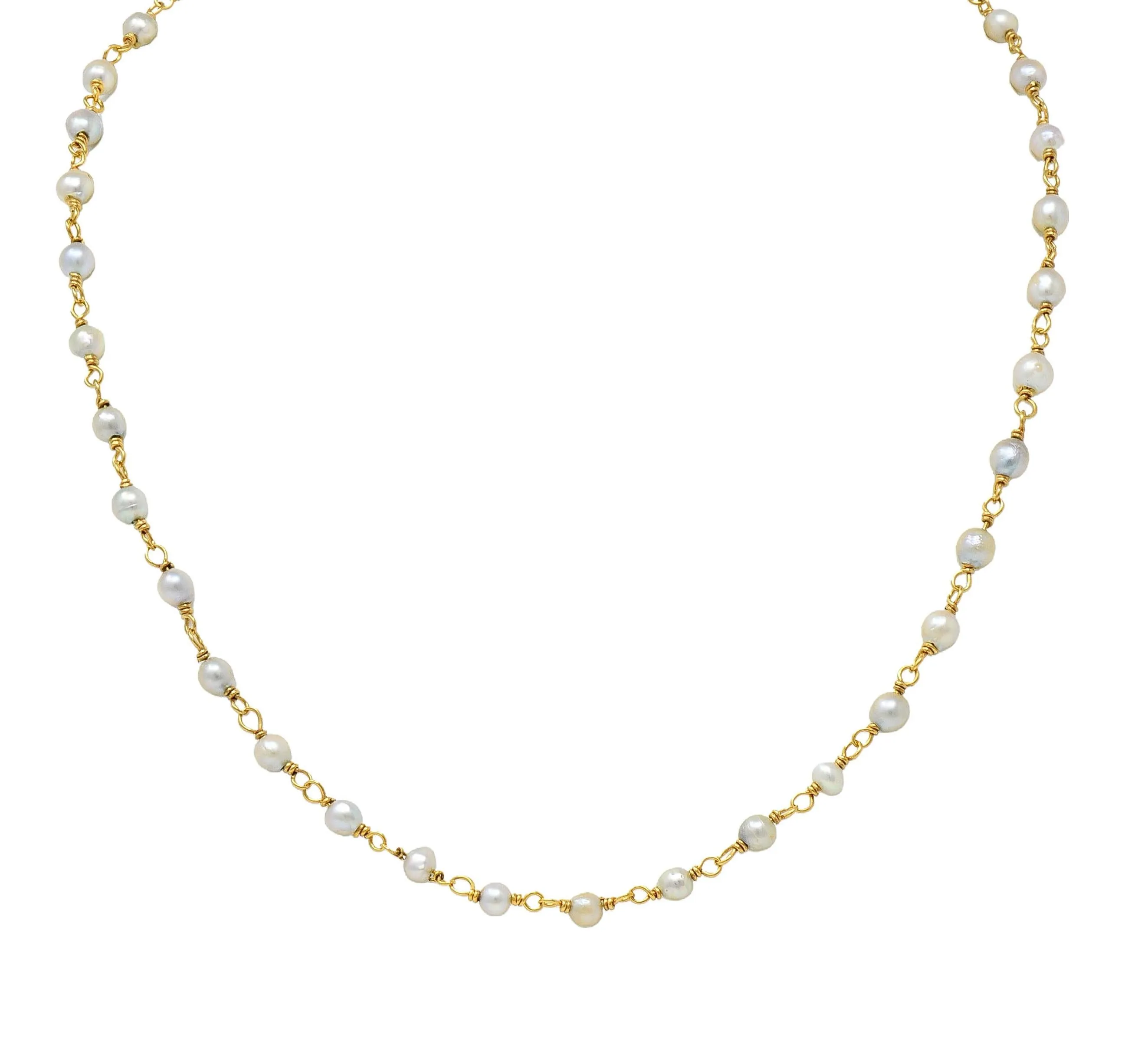 Edwardian Pearl 14 Karat Yellow Gold Antique Beaded Chain Link Necklace