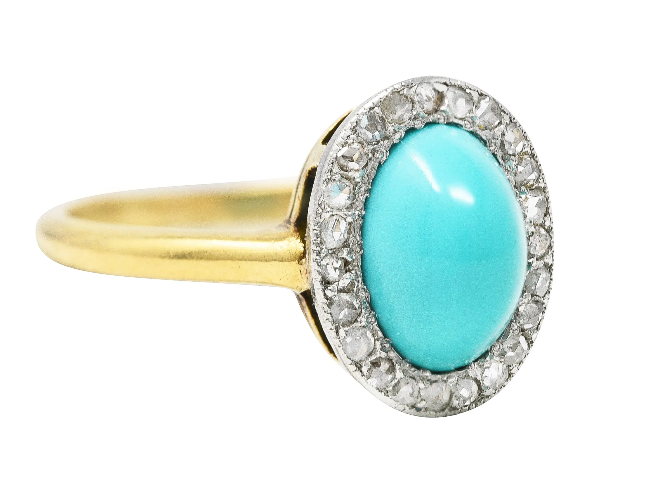 Edwardian Turquoise Cabochon Diamond Platinum-Topped 18 Karat Yellow Gold Antique Halo Ring