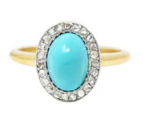 Edwardian Turquoise Cabochon Diamond Platinum-Topped 18 Karat Yellow Gold Antique Halo Ring