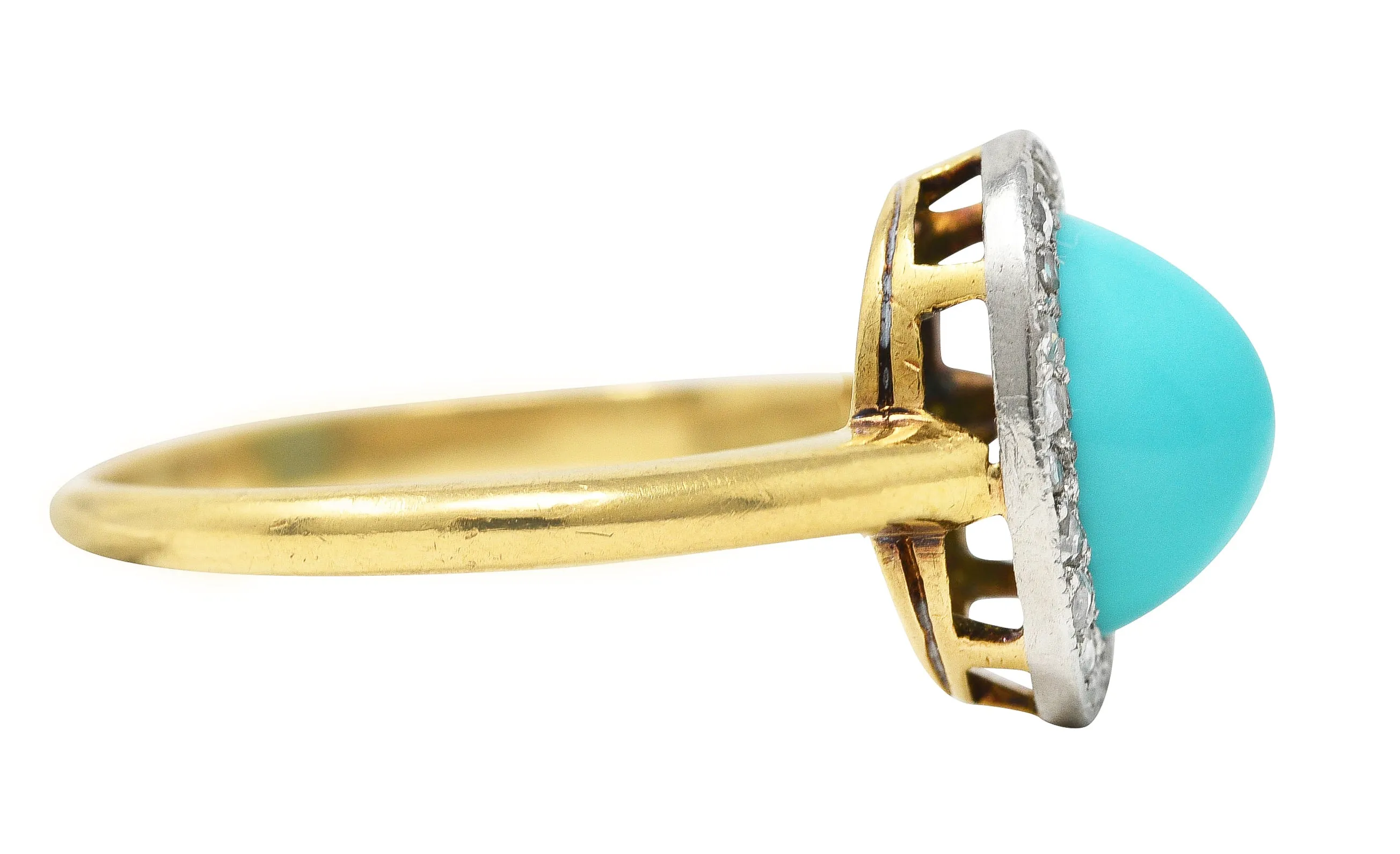 Edwardian Turquoise Cabochon Diamond Platinum-Topped 18 Karat Yellow Gold Antique Halo Ring