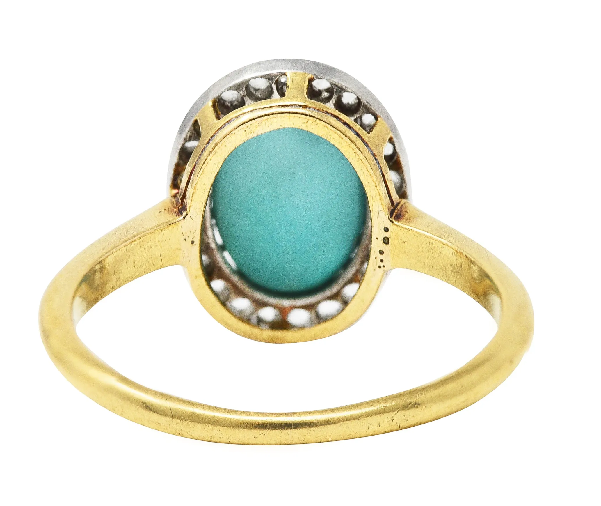 Edwardian Turquoise Cabochon Diamond Platinum-Topped 18 Karat Yellow Gold Antique Halo Ring