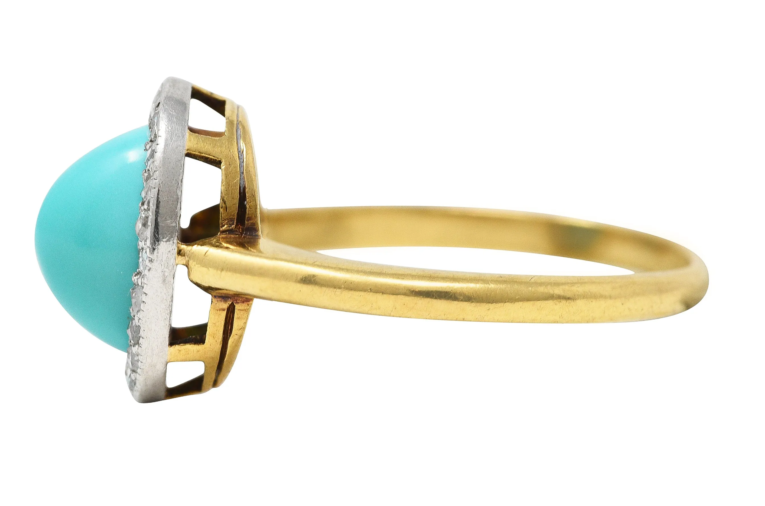 Edwardian Turquoise Cabochon Diamond Platinum-Topped 18 Karat Yellow Gold Antique Halo Ring