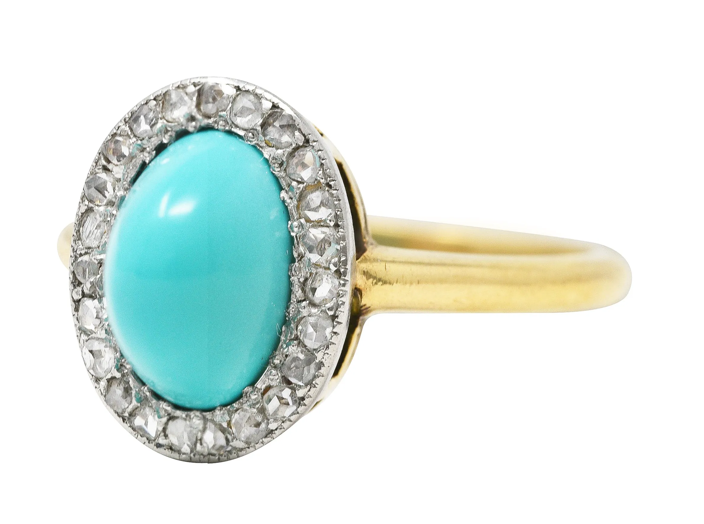 Edwardian Turquoise Cabochon Diamond Platinum-Topped 18 Karat Yellow Gold Antique Halo Ring