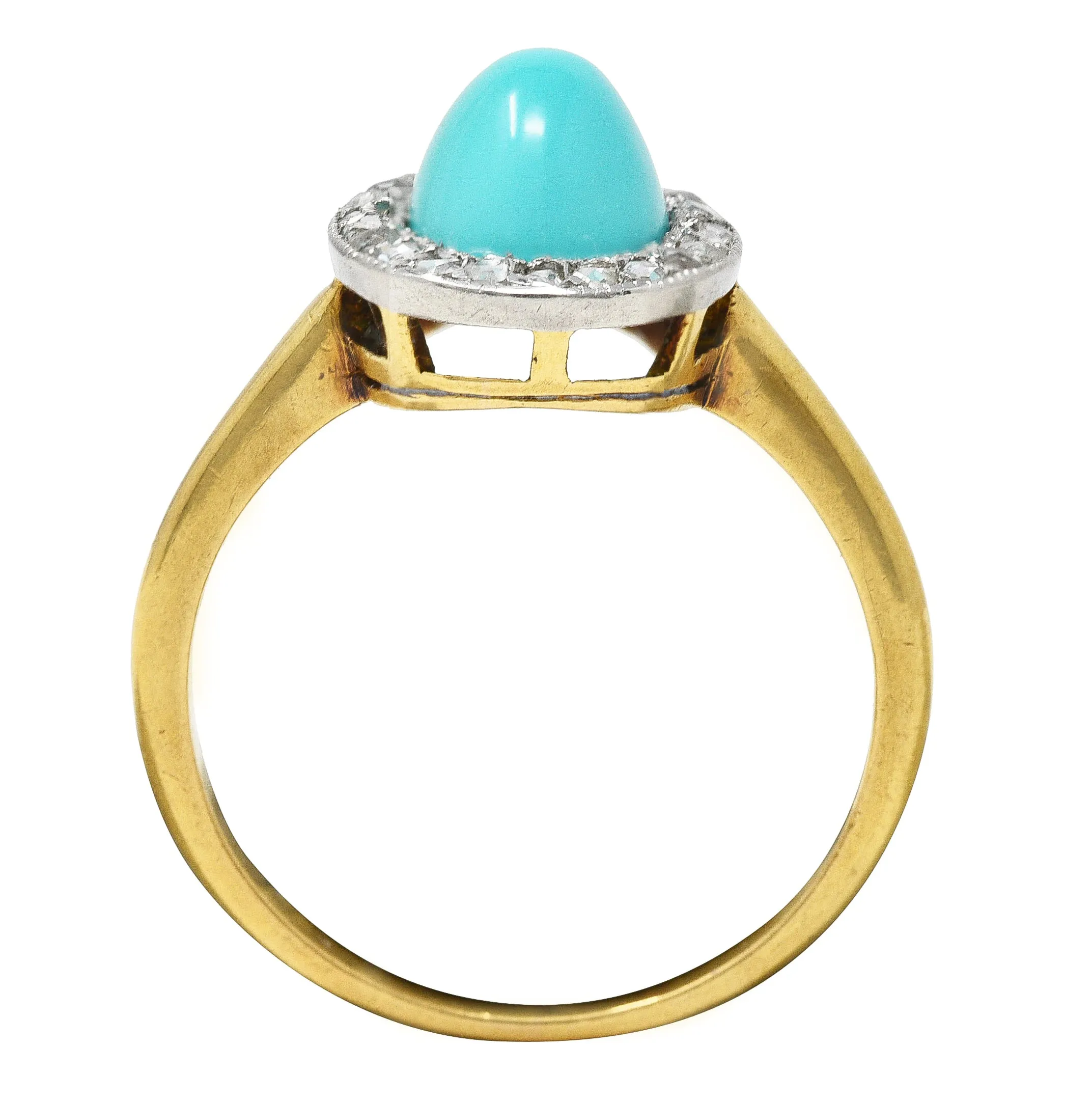 Edwardian Turquoise Cabochon Diamond Platinum-Topped 18 Karat Yellow Gold Antique Halo Ring