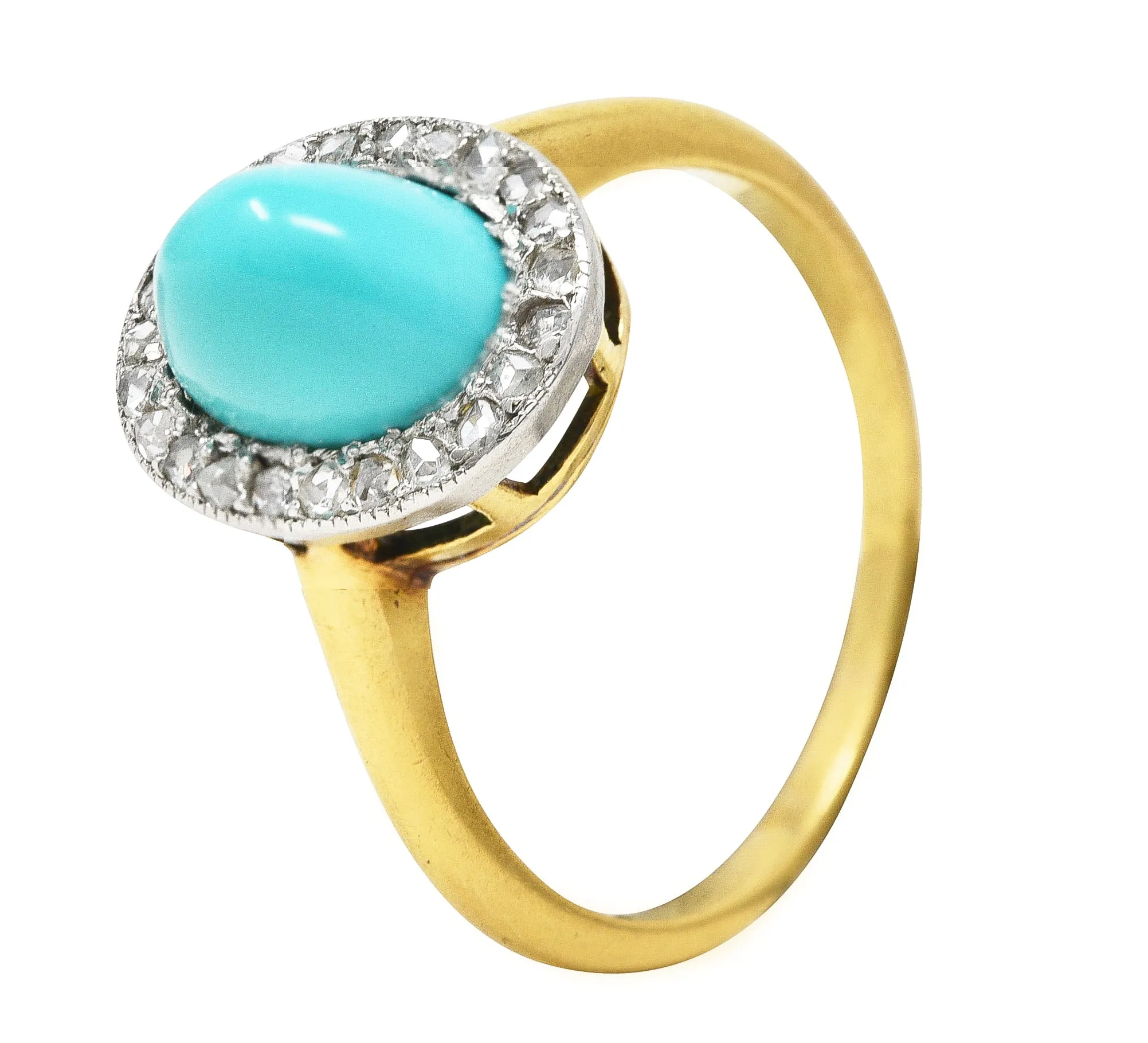 Edwardian Turquoise Cabochon Diamond Platinum-Topped 18 Karat Yellow Gold Antique Halo Ring