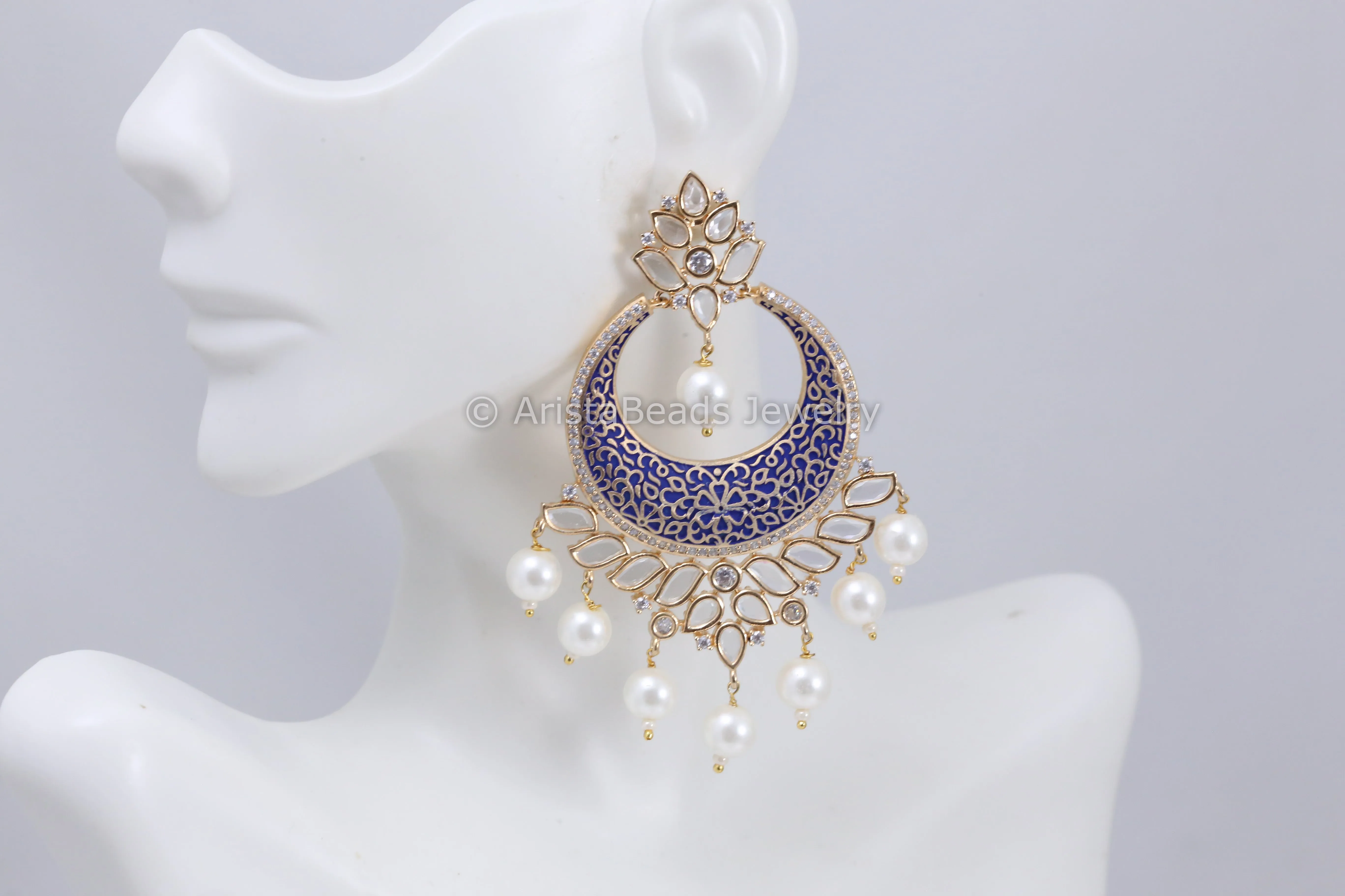 Enamel & Polki Chandbaali - Pearl Drops