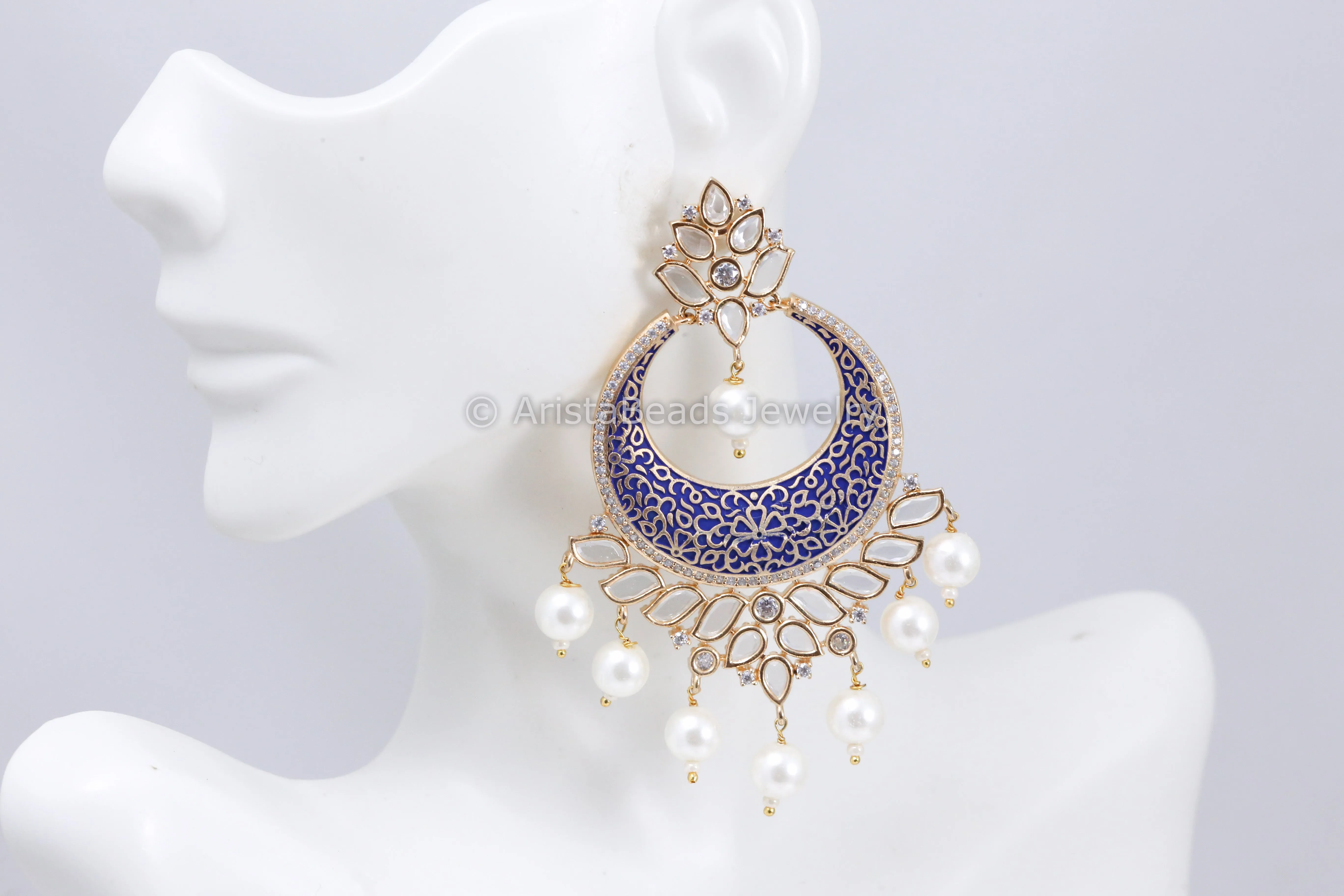 Enamel & Polki Chandbaali - Pearl Drops