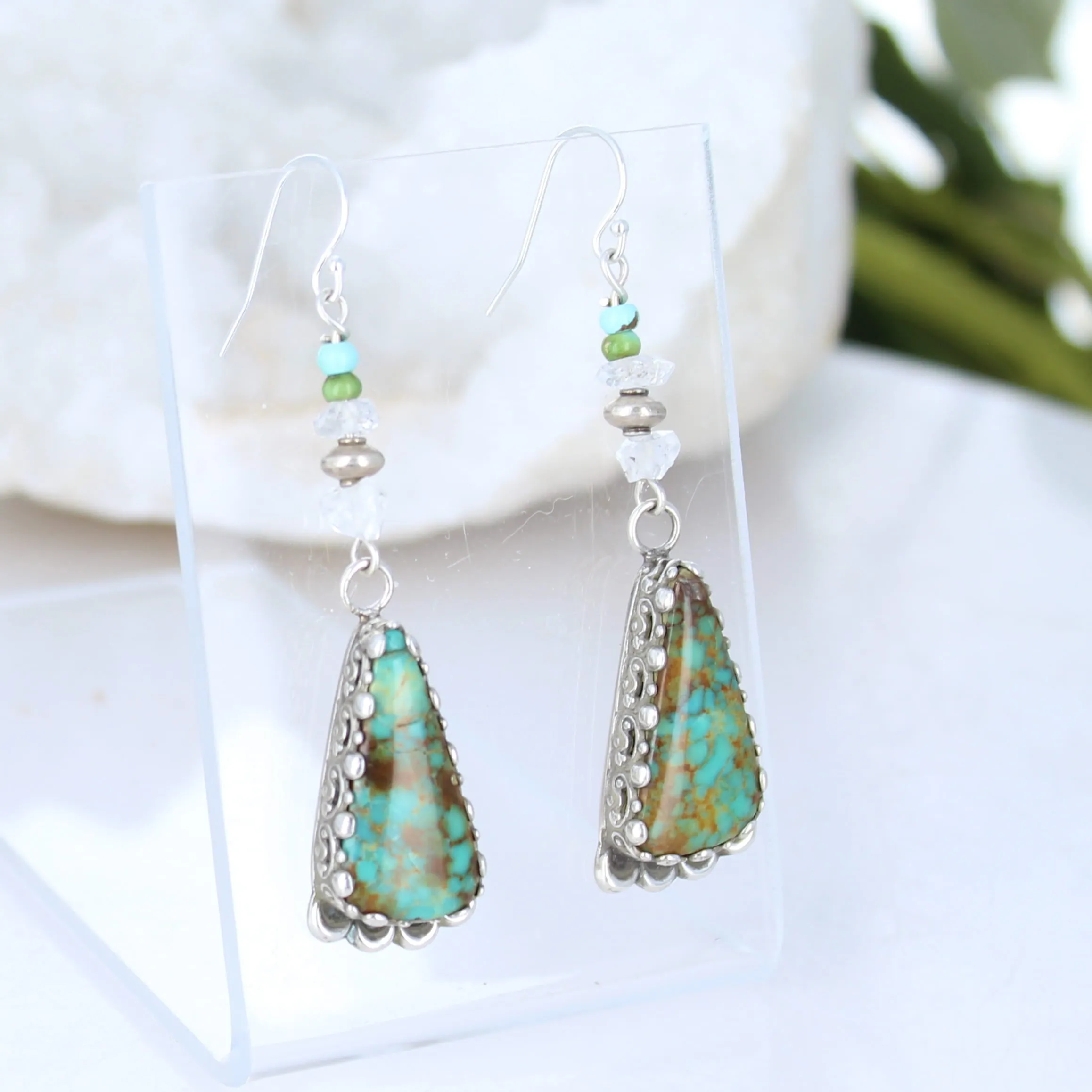 Forest Royston Turquoise Earrings Moons with Sparkling Herkimer Diamonds Sterling