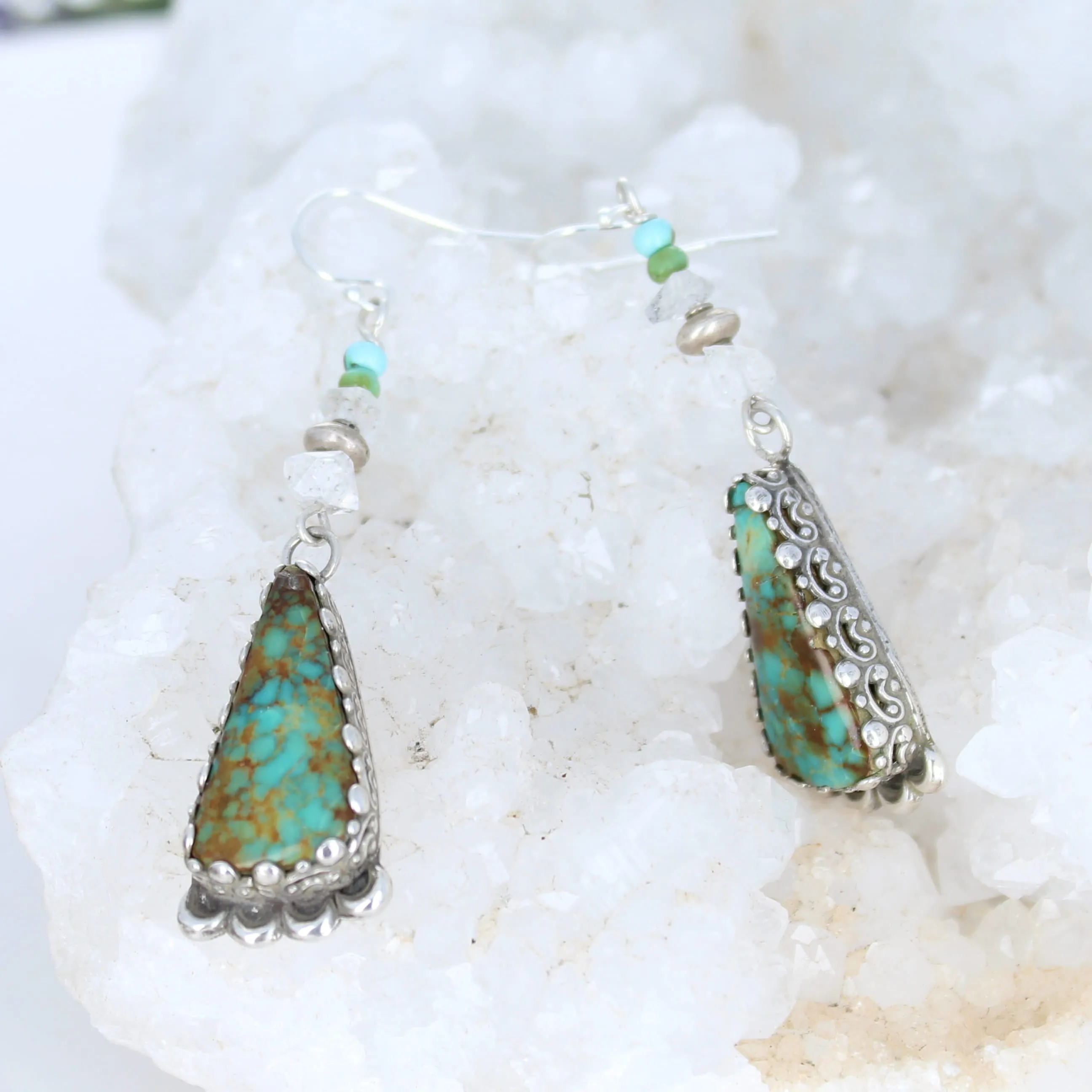 Forest Royston Turquoise Earrings Moons with Sparkling Herkimer Diamonds Sterling