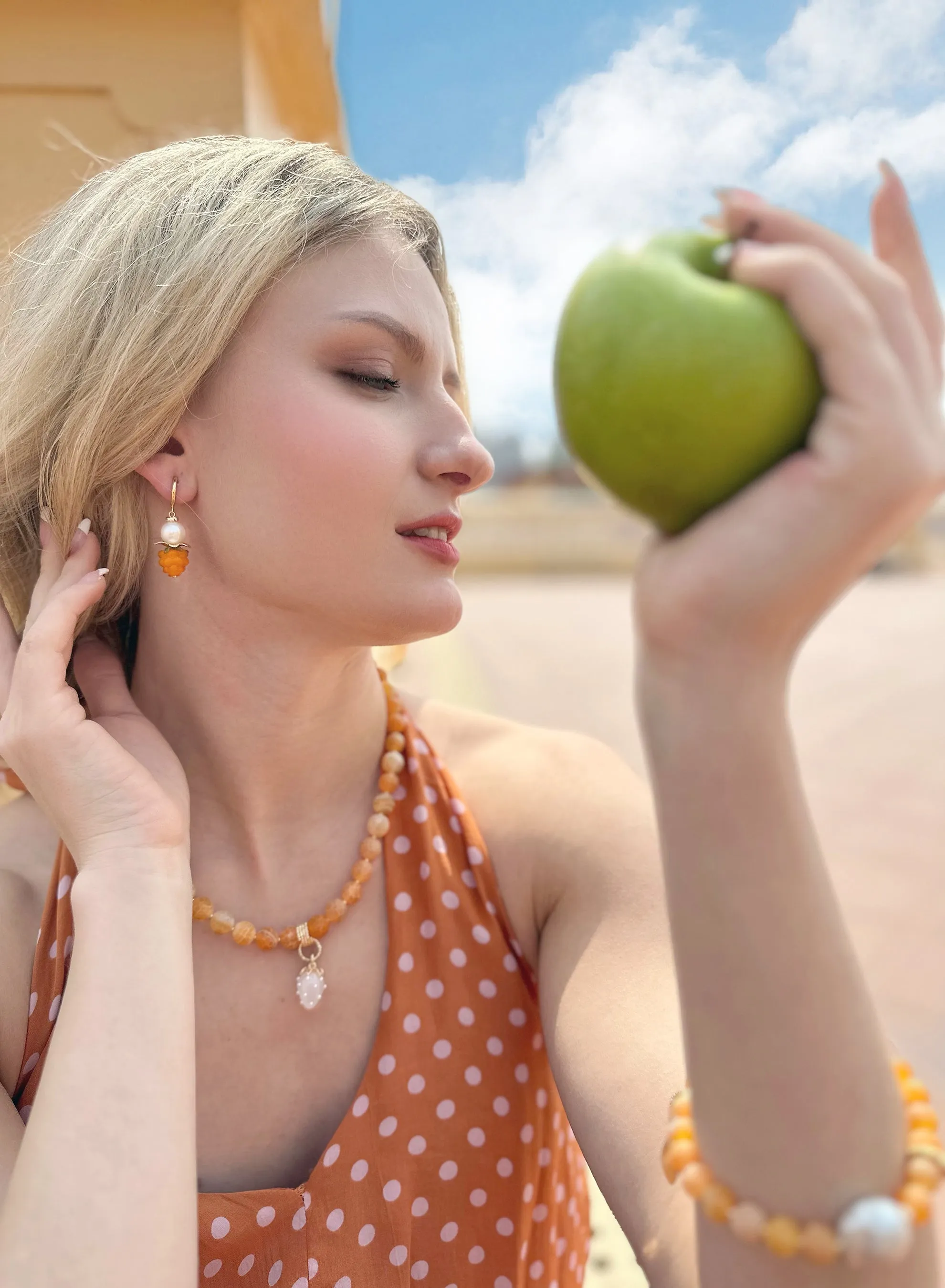 Freshwater Pearls with Orange Rasberry Clip-on Earrings JE008