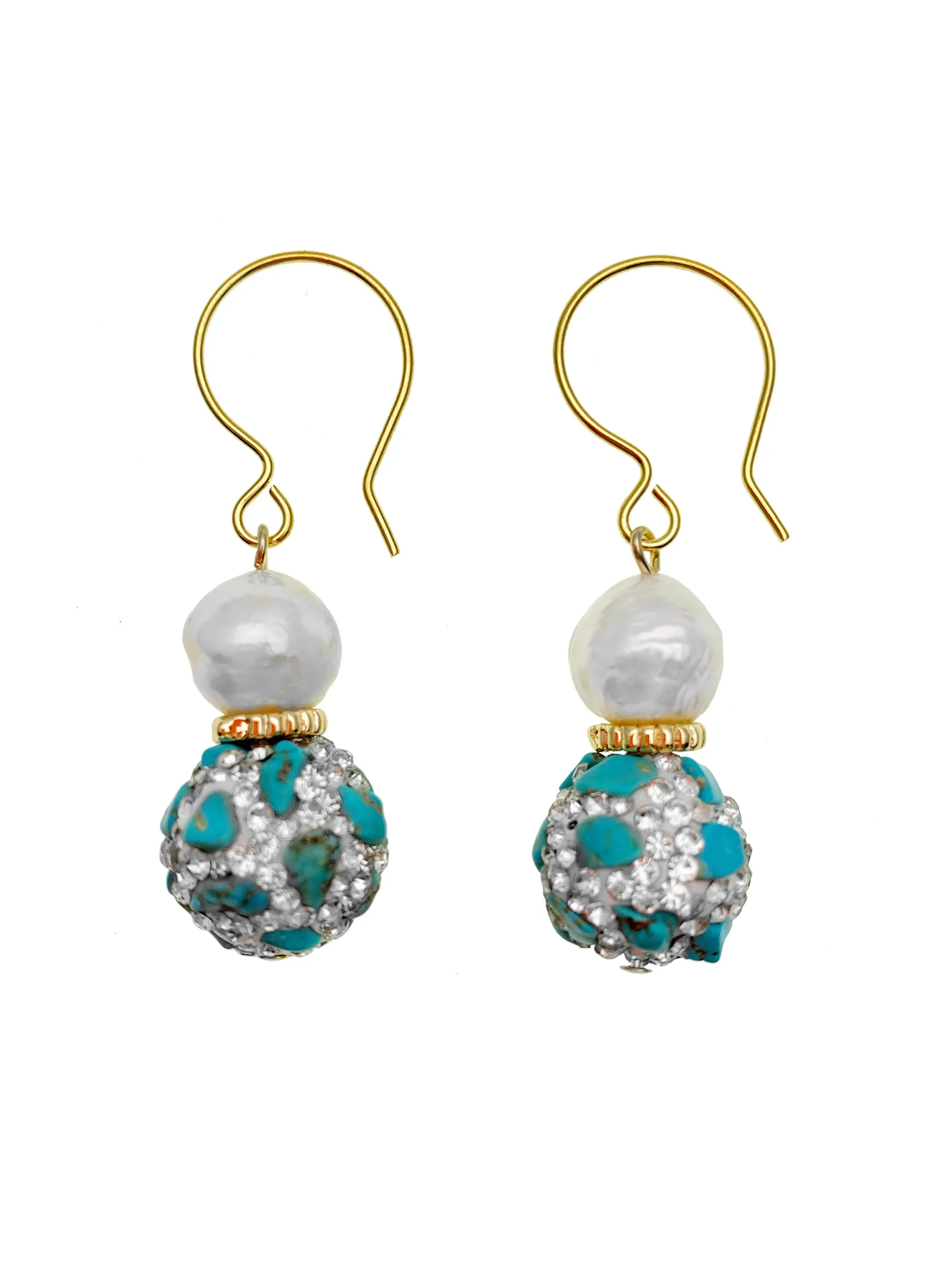 Freshwater Pearls With Rhinestones bordered Turquoise Dangle Earrings EE007