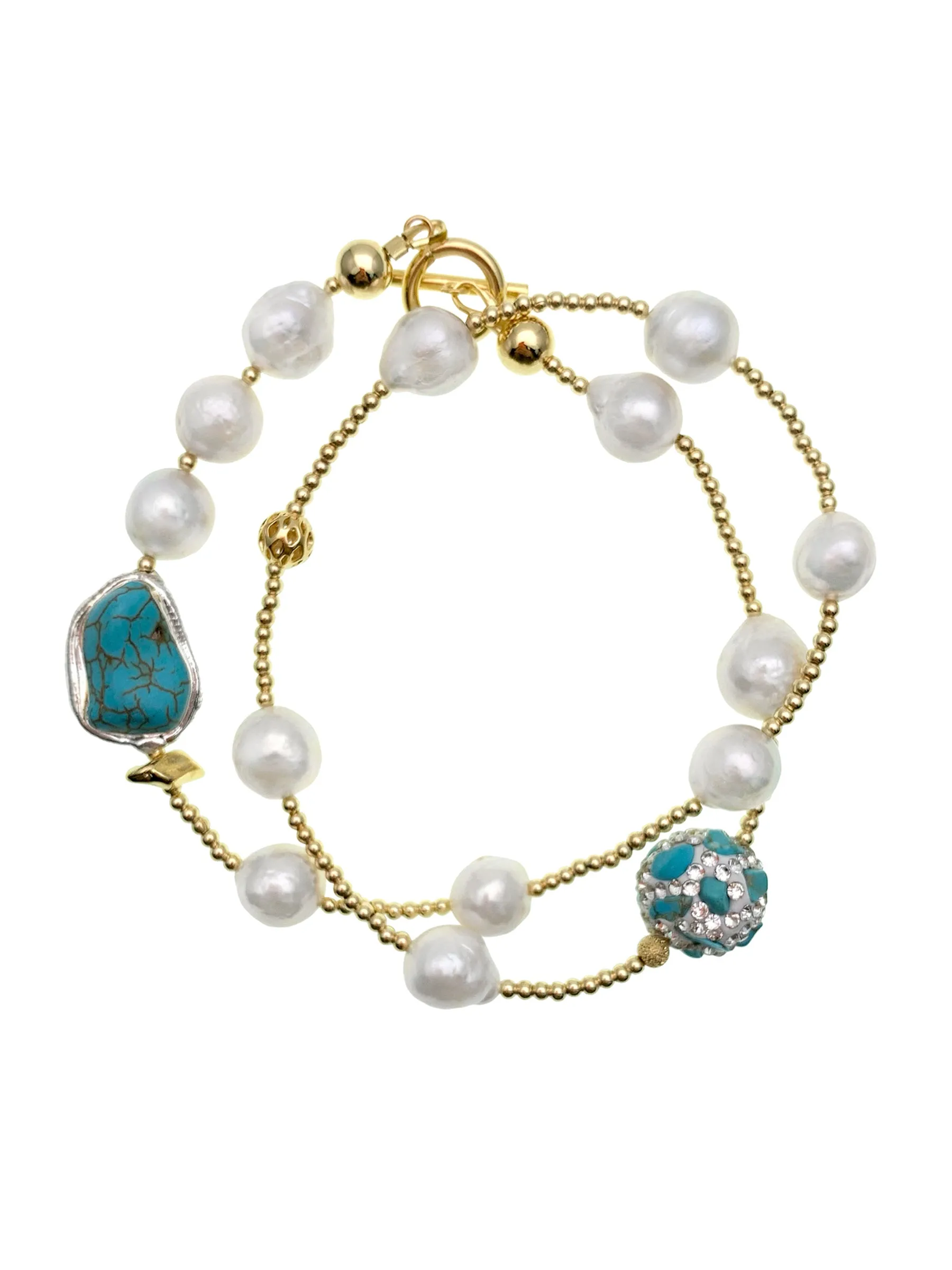 Freshwater Pearls With Turquoise Double Wrapped Bracelet EB001