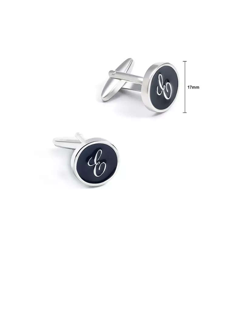 Glamorousky Fashion Simple English Alphabet E Black Geometric Round Cufflinks