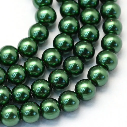 Glass Pearl Beads, Strand, Dark Green, Round, 8mm