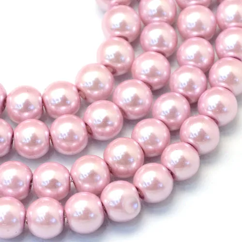 Glass Pearl Beads, Strand, Flamingo, Round, 8mm