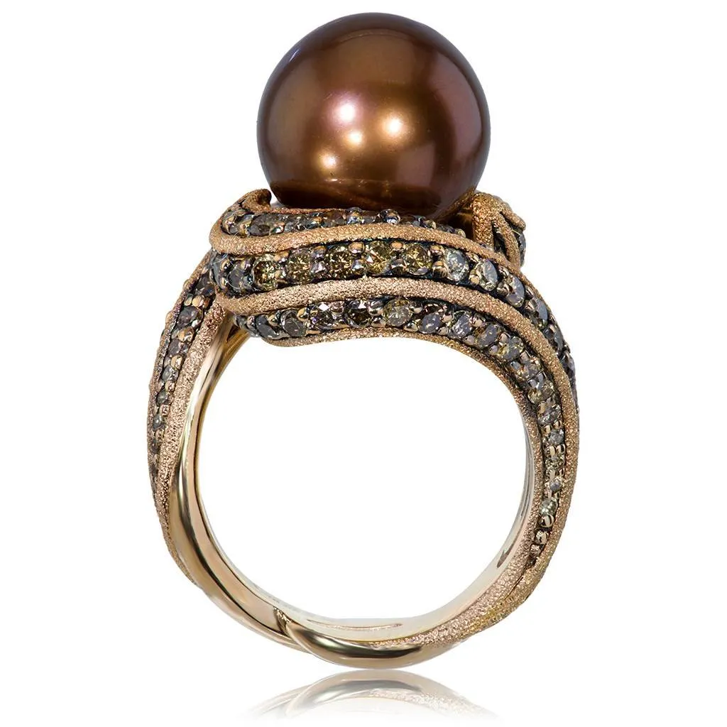 Gold Twist Ring With Chocolate Pearl & Diamonds