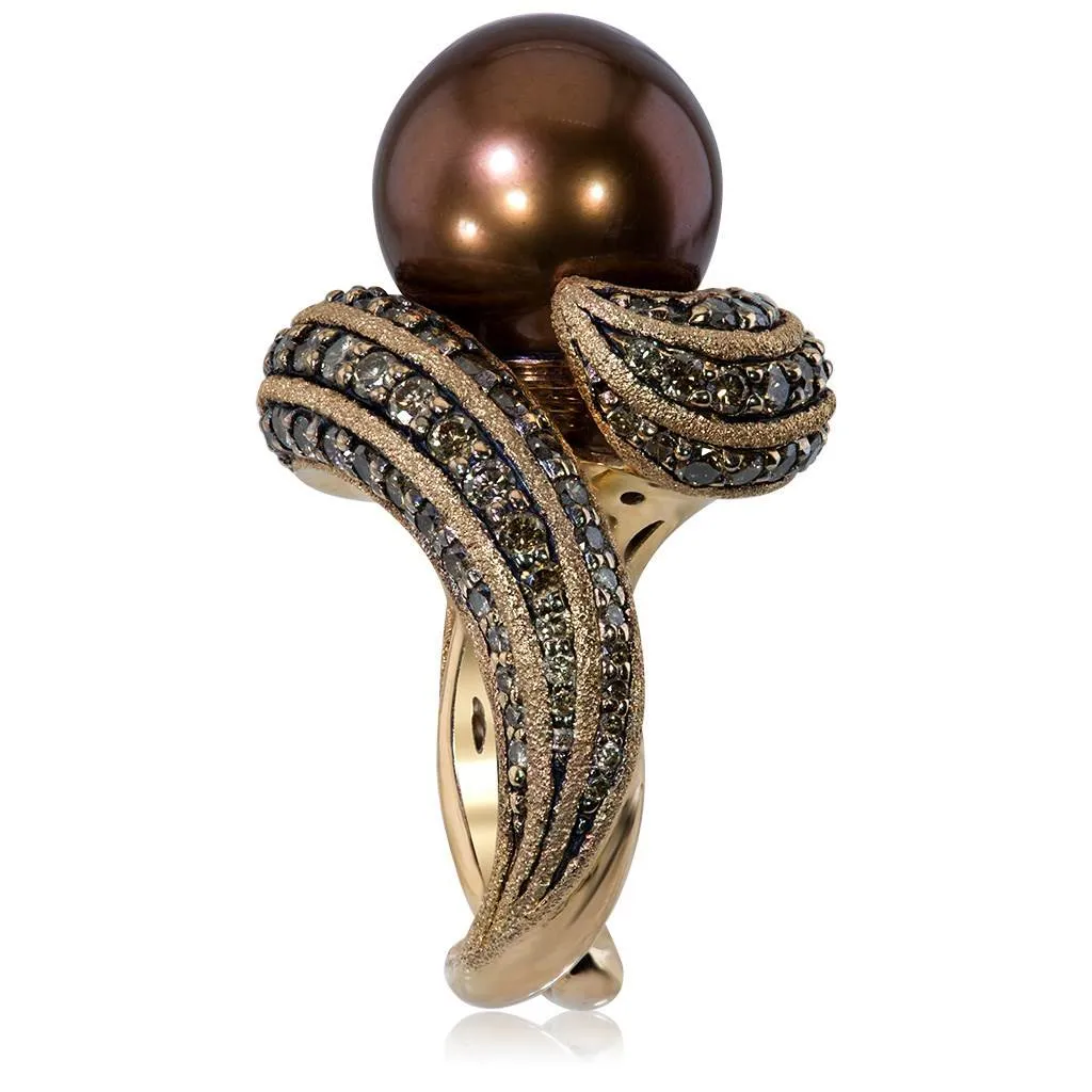 Gold Twist Ring With Chocolate Pearl & Diamonds