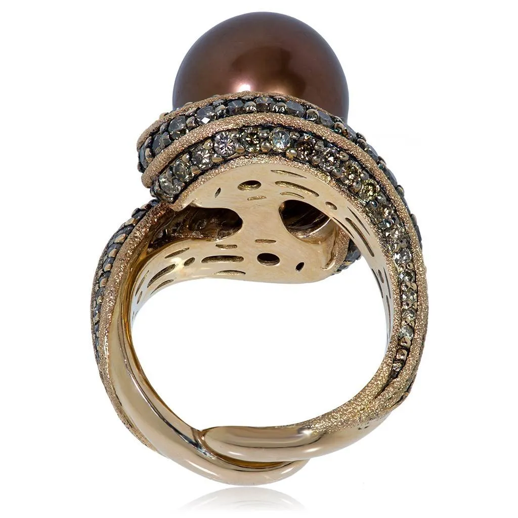 Gold Twist Ring With Chocolate Pearl & Diamonds