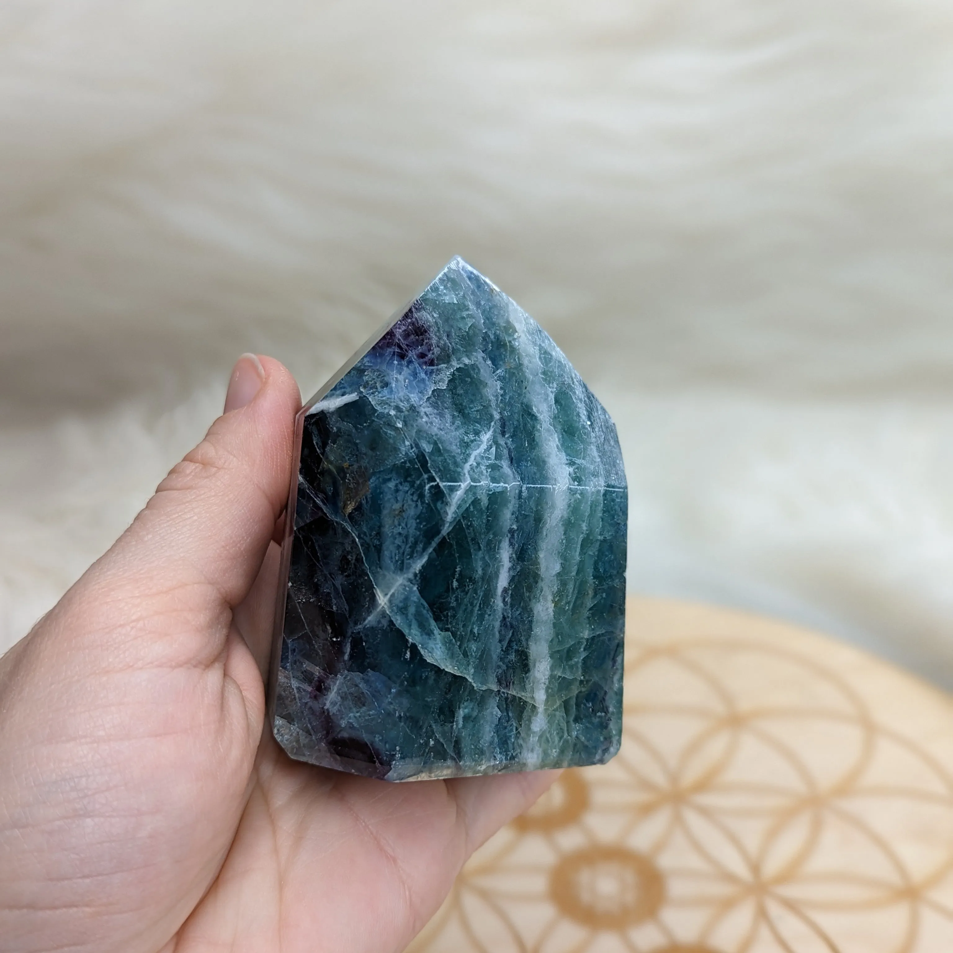 GORGEOUS Rainbow Flourite Obelisk Carving ~ Stunning Blues and Greens