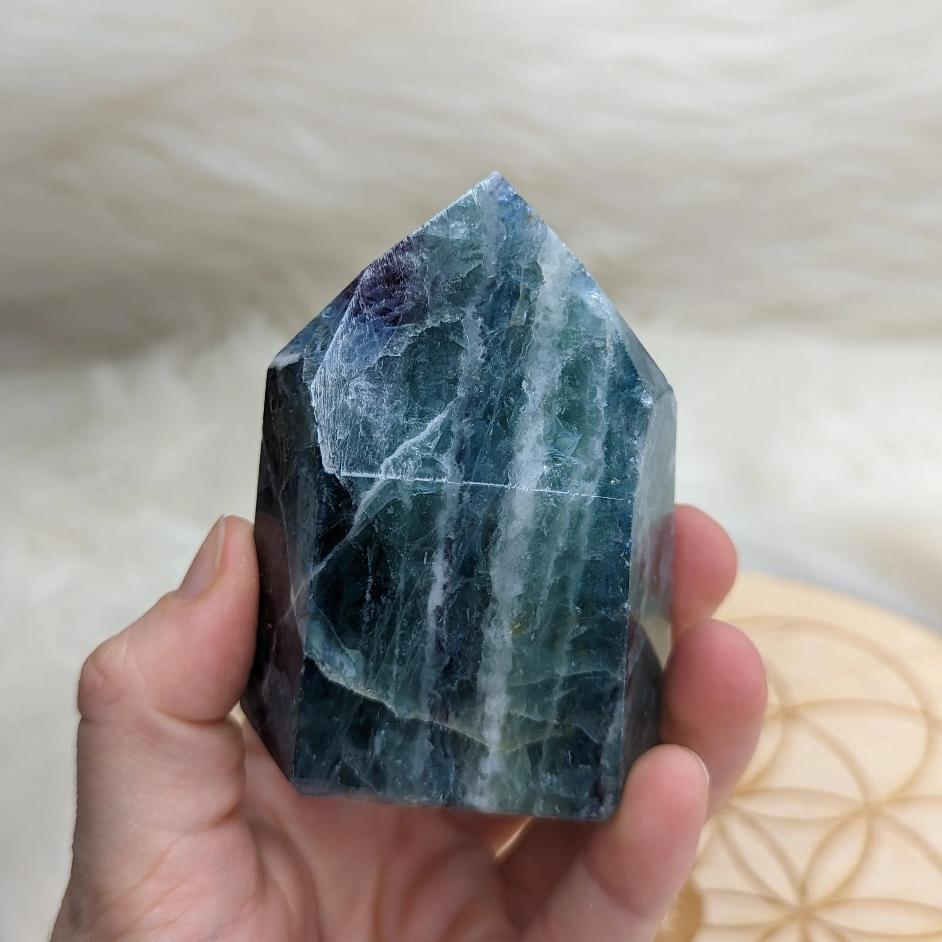 GORGEOUS Rainbow Flourite Obelisk Carving ~ Stunning Blues and Greens