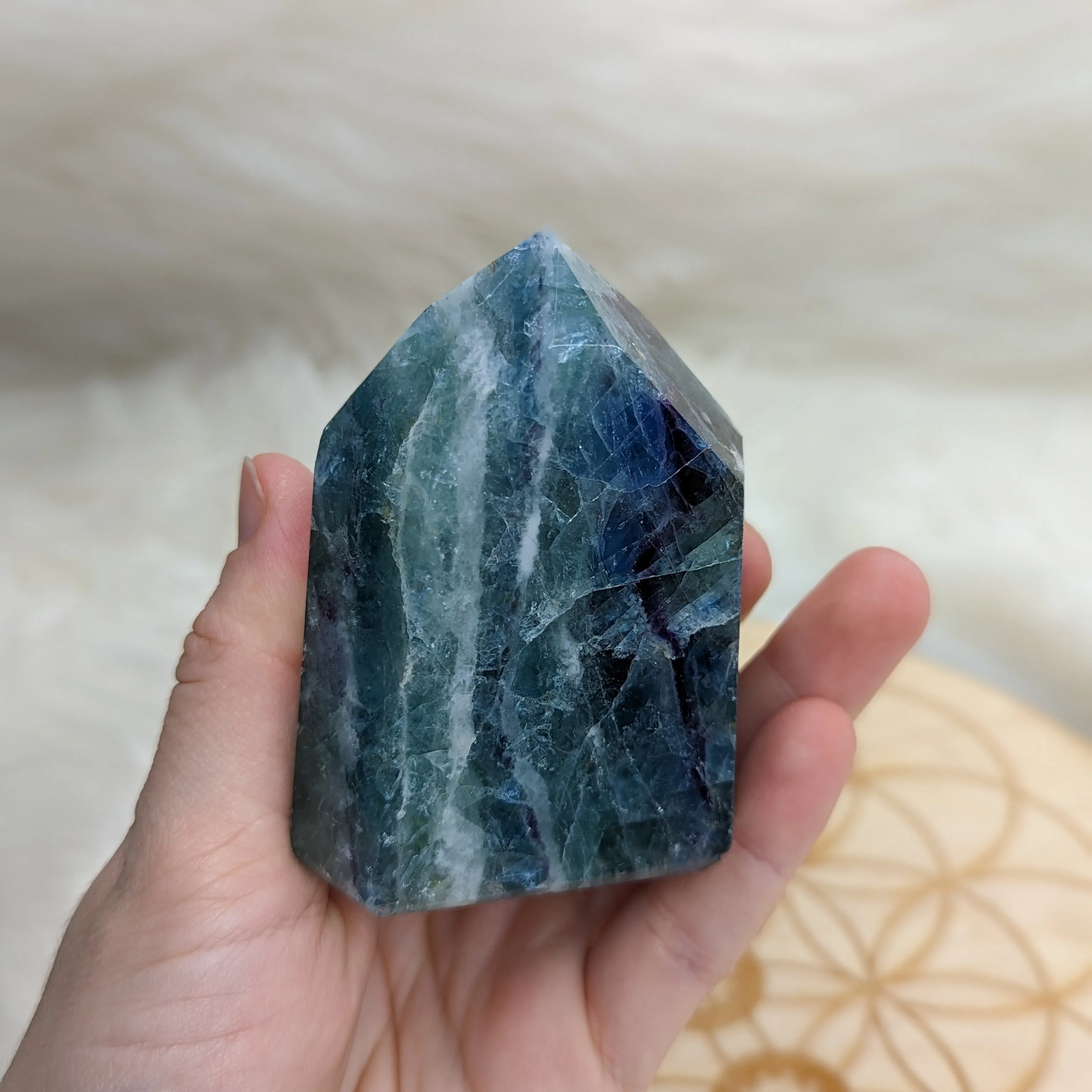 GORGEOUS Rainbow Flourite Obelisk Carving ~ Stunning Blues and Greens