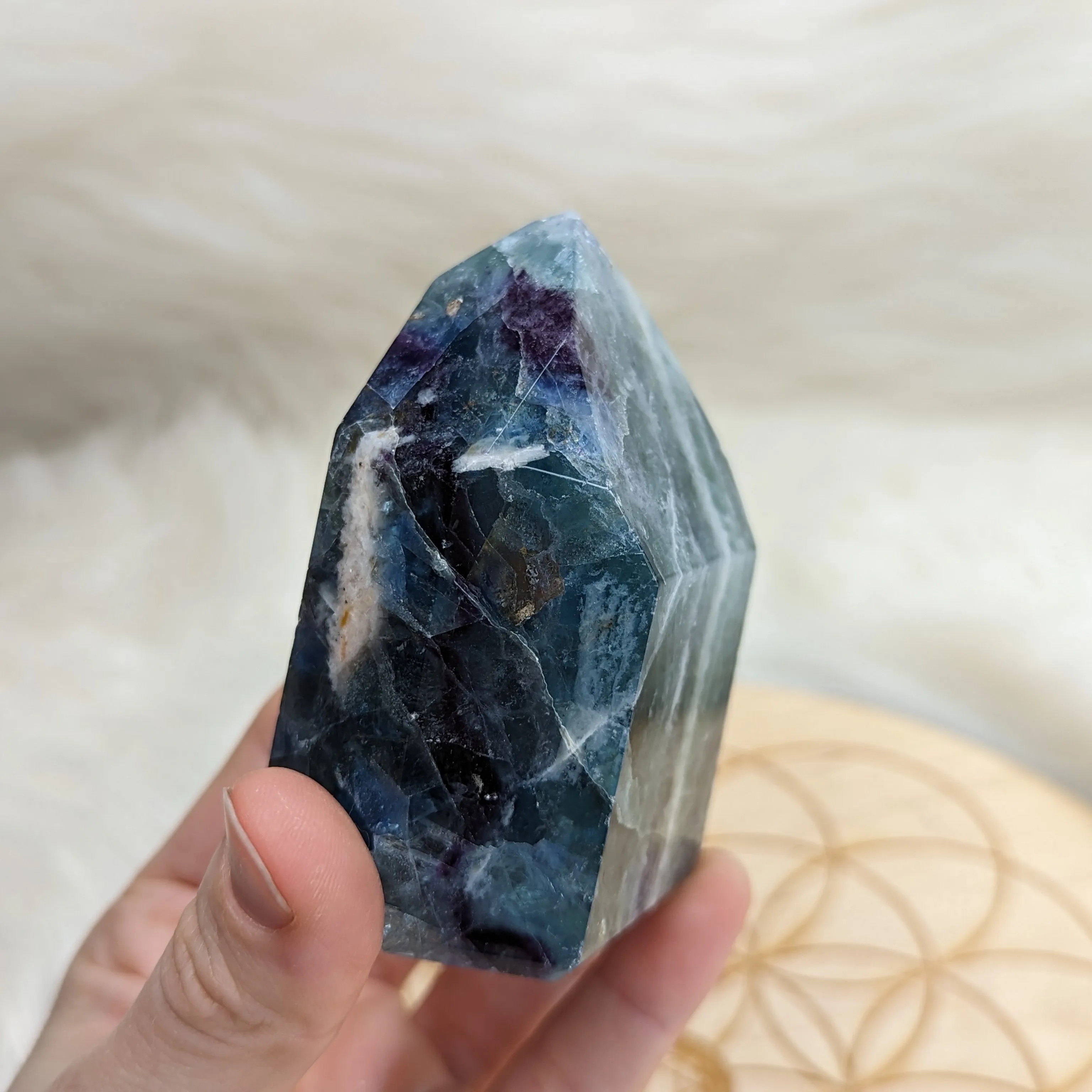 GORGEOUS Rainbow Flourite Obelisk Carving ~ Stunning Blues and Greens