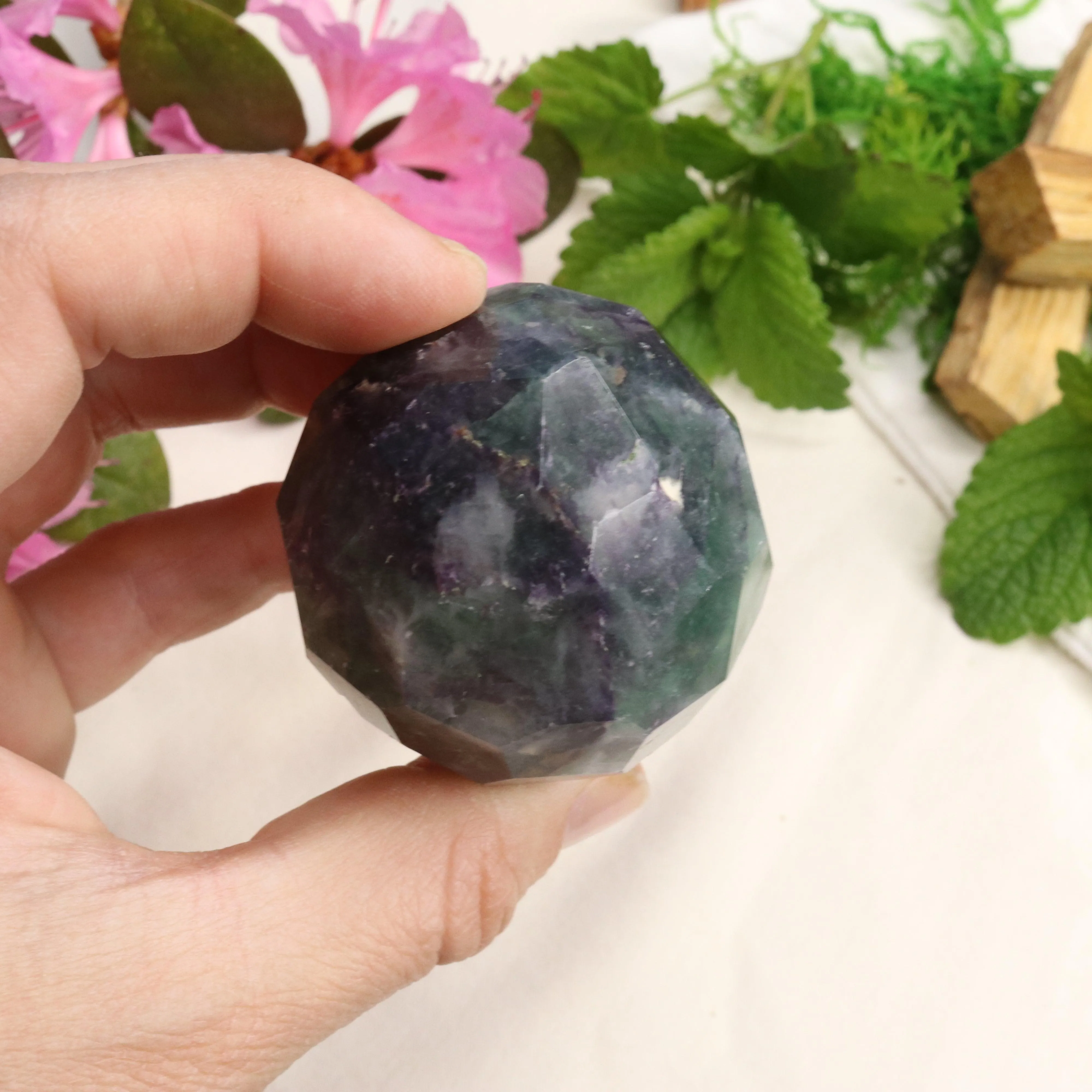 Green and Purple Fluorite ~Faceted Sphere Carving with Rainbow Energy