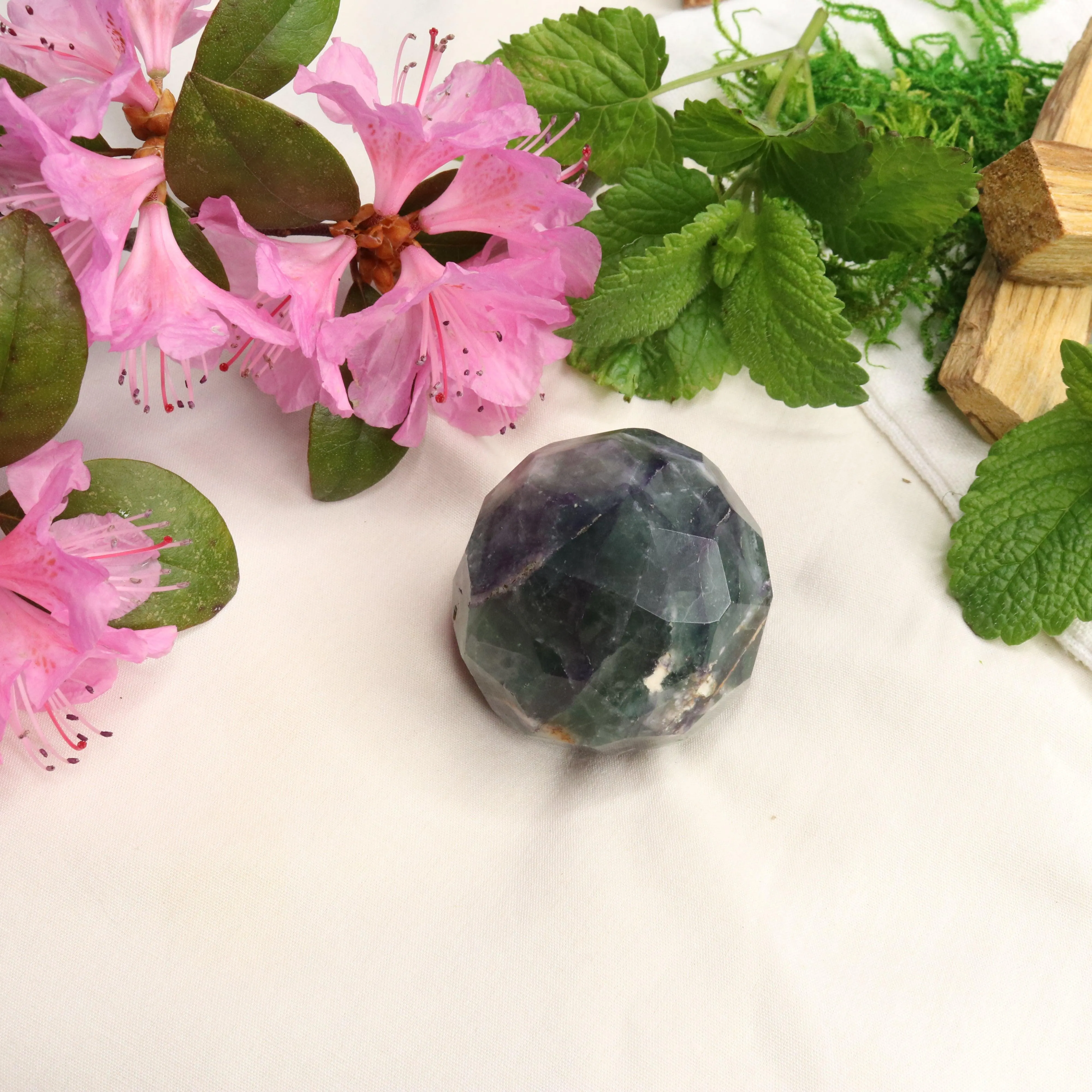 Green and Purple Fluorite ~Faceted Sphere Carving with Rainbow Energy