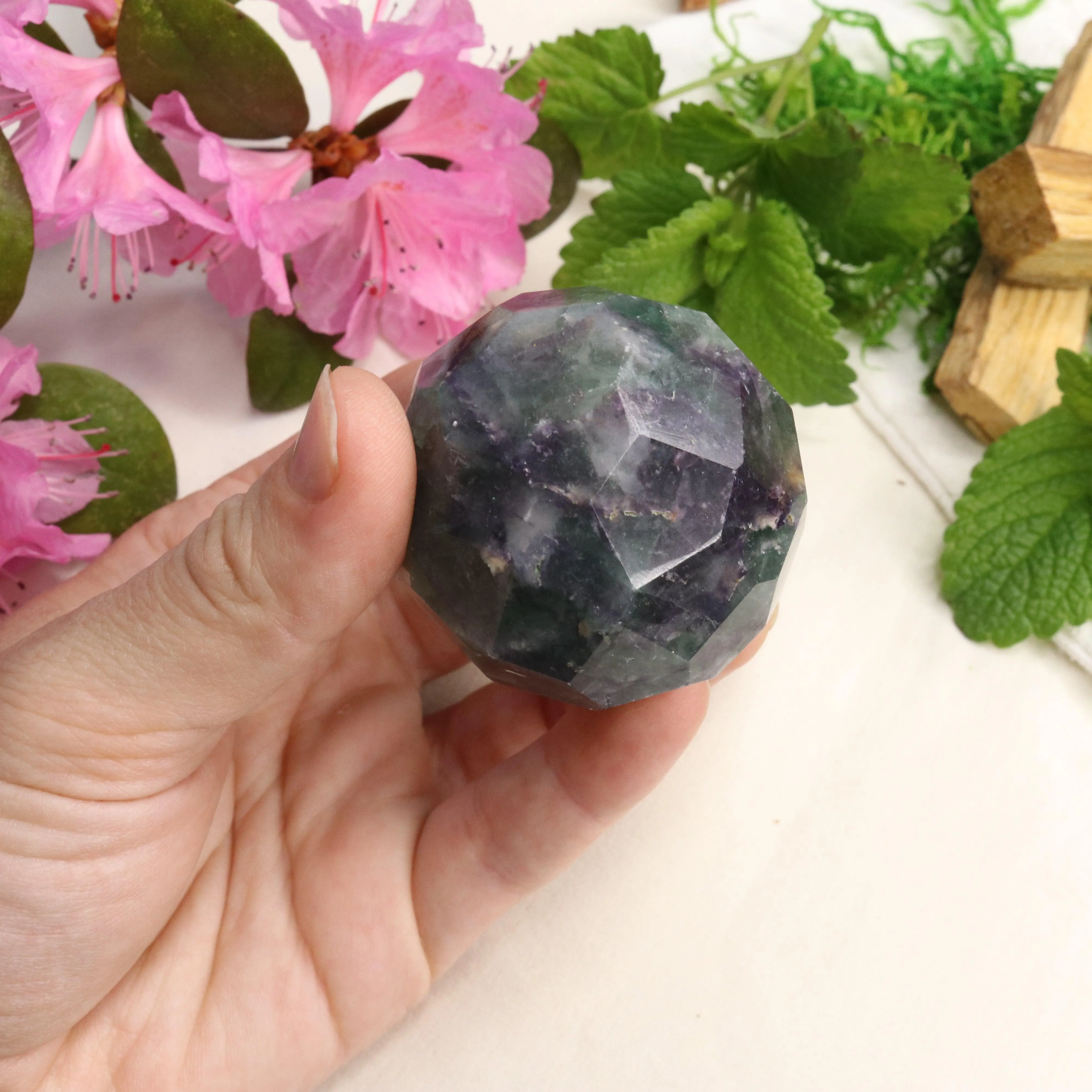 Green and Purple Fluorite ~Faceted Sphere Carving with Rainbow Energy