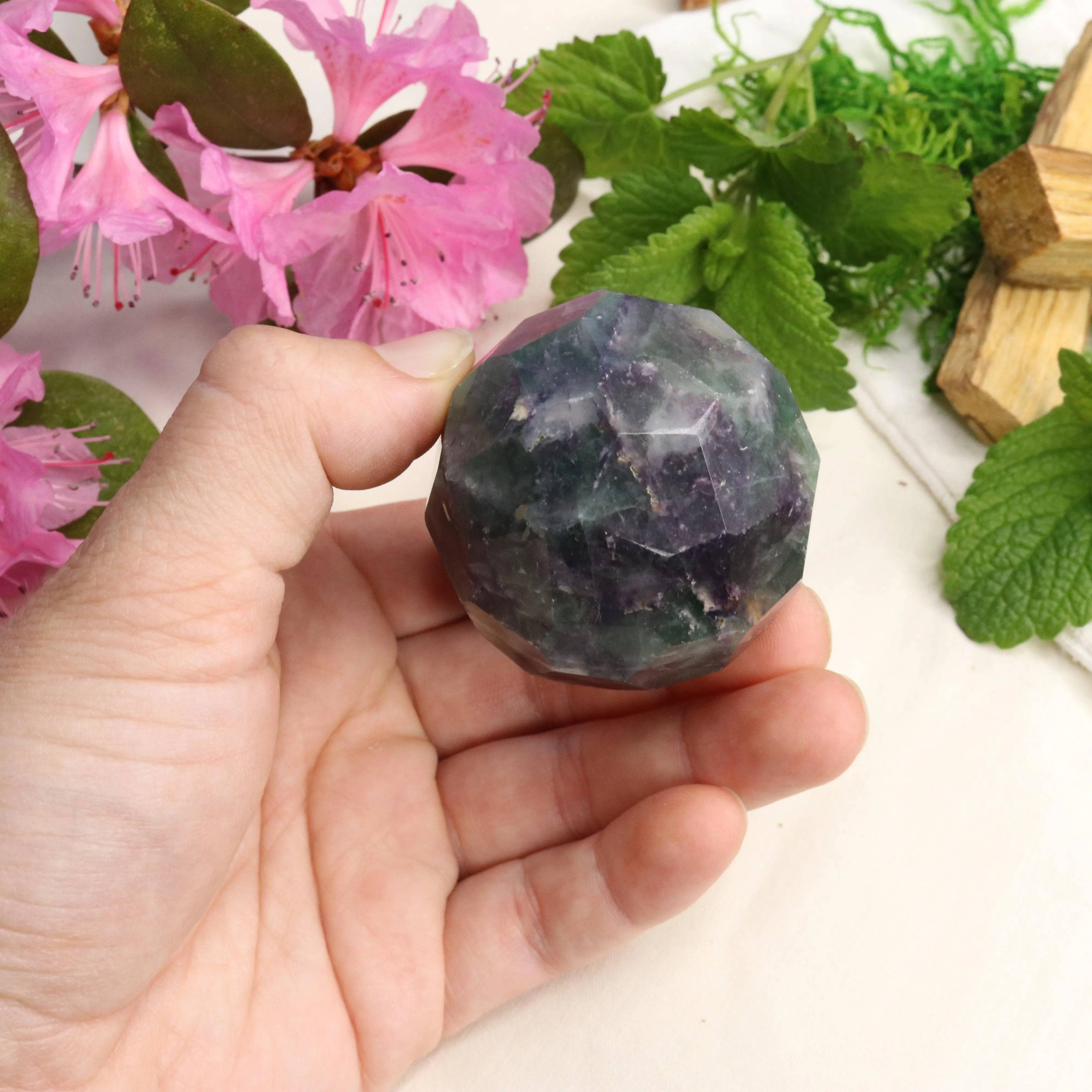 Green and Purple Fluorite ~Faceted Sphere Carving with Rainbow Energy